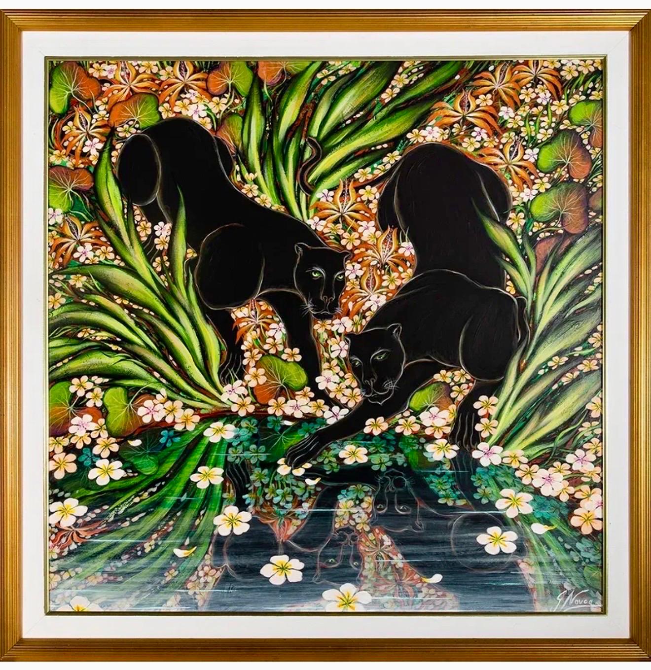 Gustavo Novoa (Chilean, born 1941)
Original Oil Painting on Masonite (that was how it was catalogued at Doyle. It might be acrylic paint)
Green Dark Mirror 
Hand signed G Novoa lower right 
Hand signed Novoa and inscribed with title