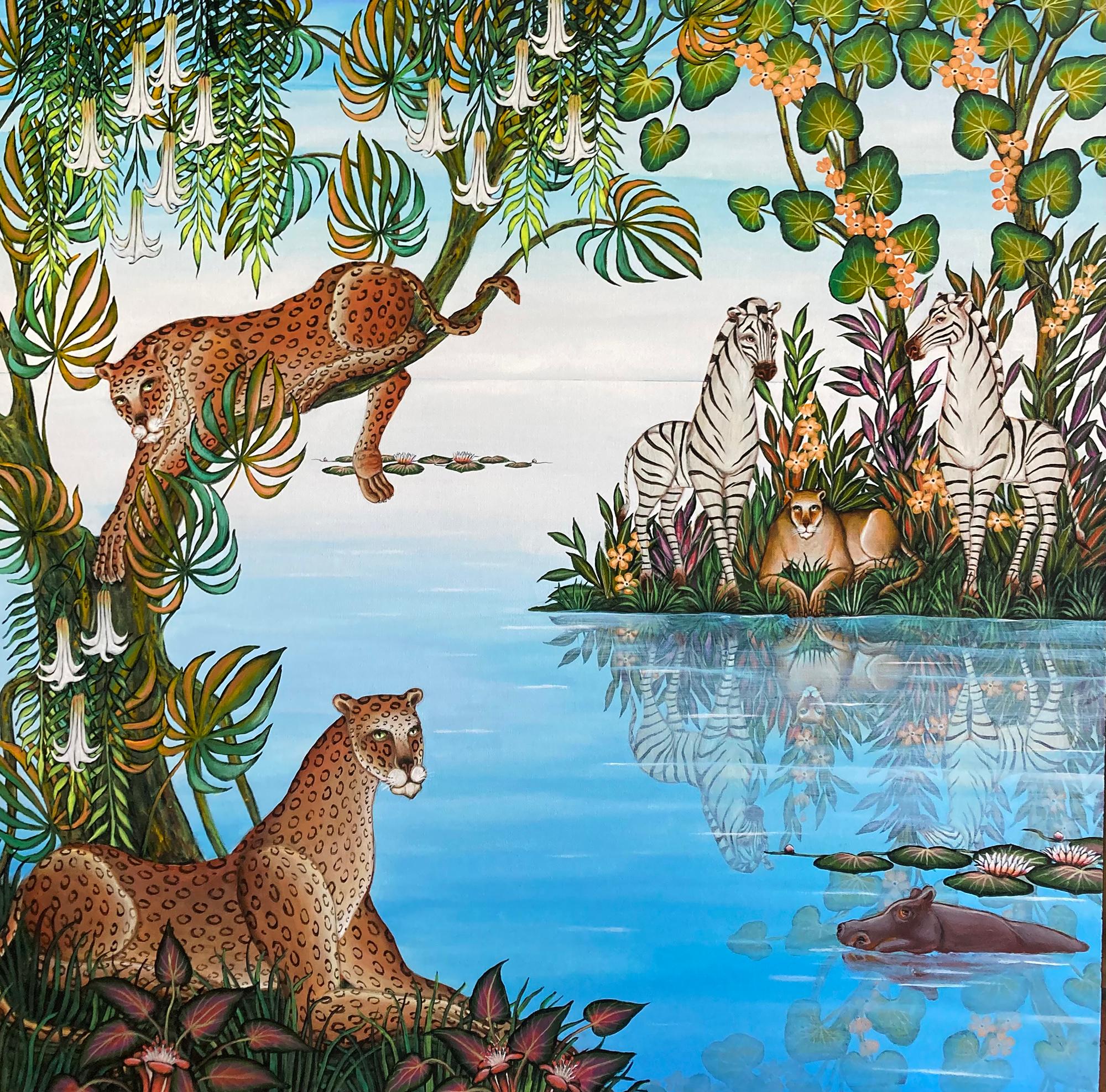 Gustavo Novoa Landscape Painting - Silent Paradise - Leopards, Zebras, Panther and Hippo 