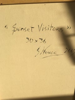 "Sunset Visitors" Lion and Lioness Tropical Jungle Painting Gustavo Novoa Birds