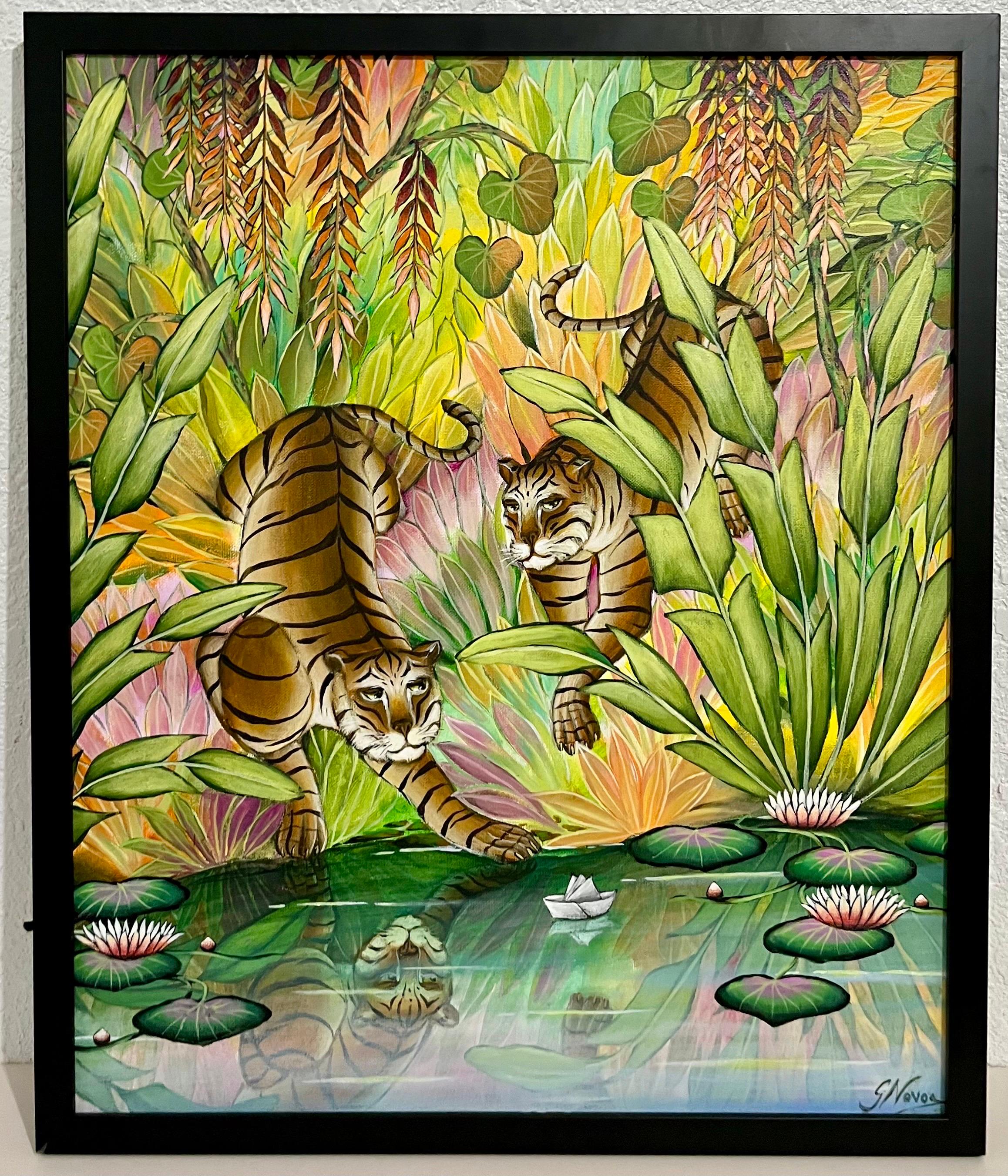 Tigers Animal Paradise Tropical Jungle Painting Surrealist Art Gustavo Novoa For Sale 1