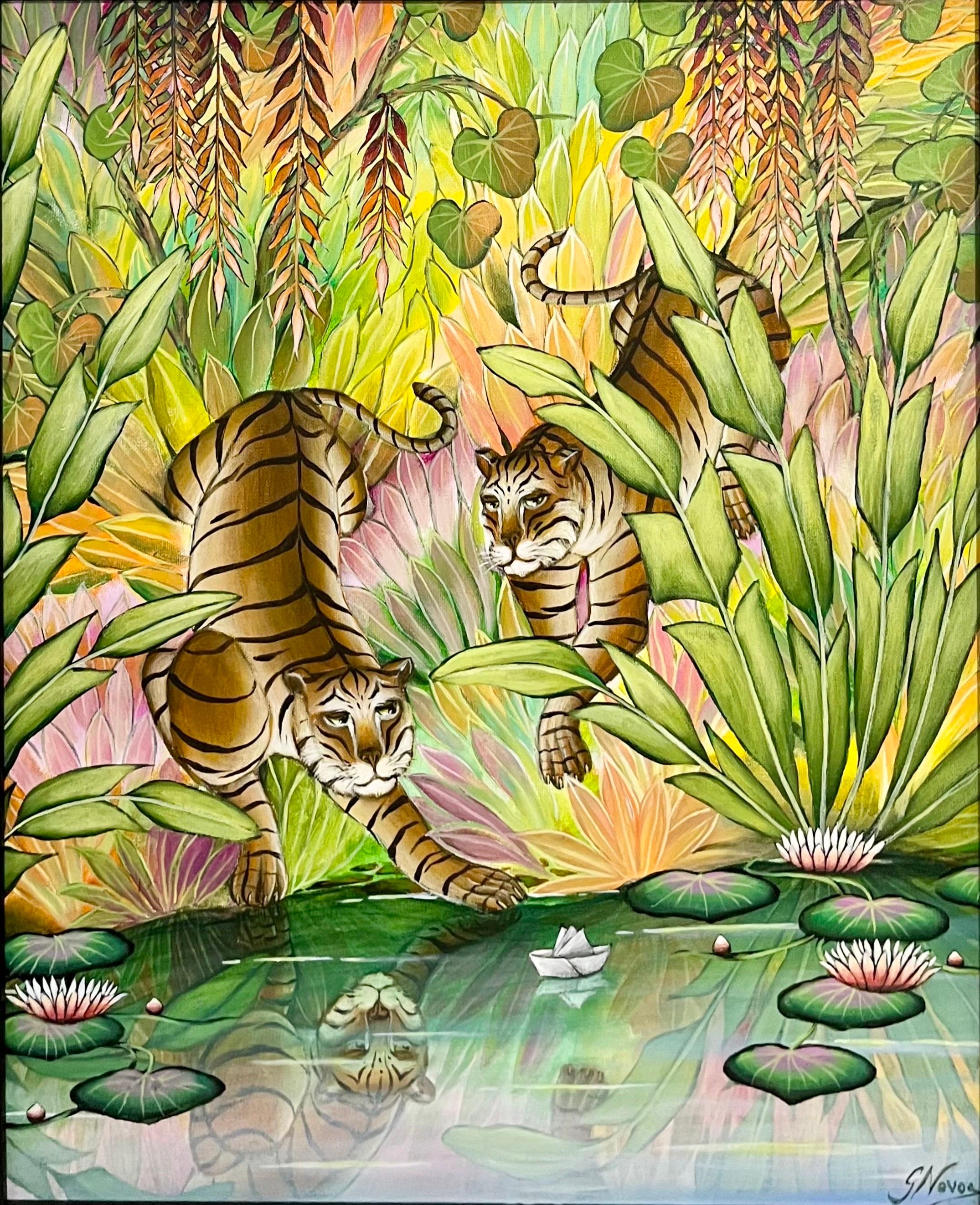Tigers Animal Paradise Tropical Jungle Painting Surrealist Art Gustavo Novoa For Sale 2