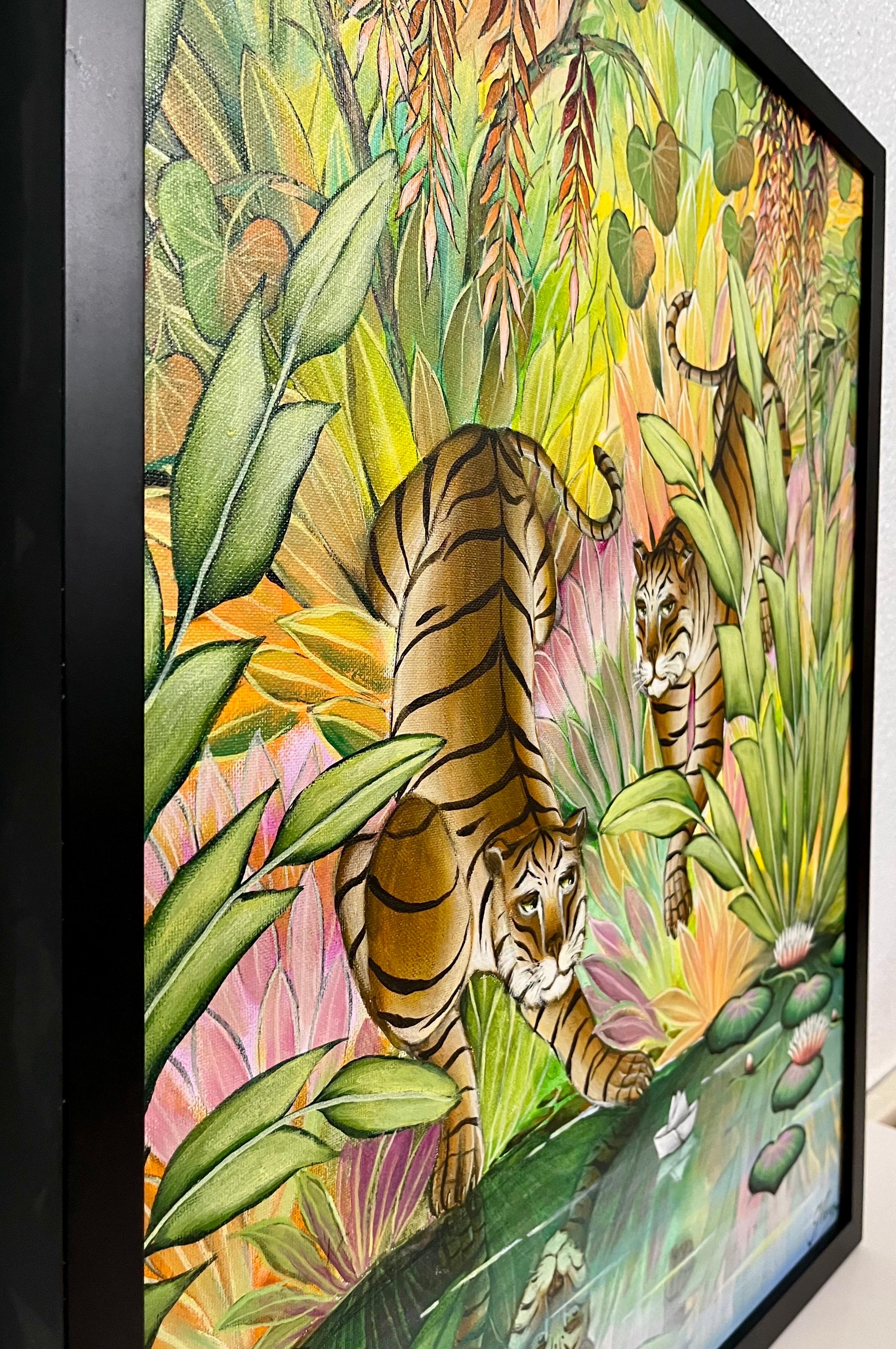 Tigers Animal Paradise Tropical Jungle Painting Surrealist Art Gustavo Novoa For Sale 4