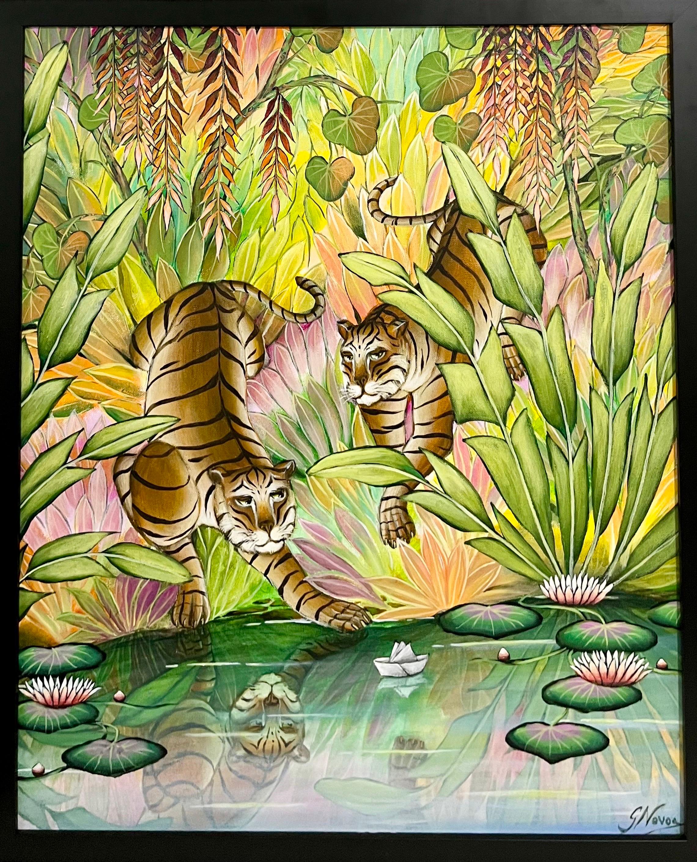 Tigers Animal Paradise Tropical Jungle Painting Surrealist Art Gustavo Novoa For Sale 6
