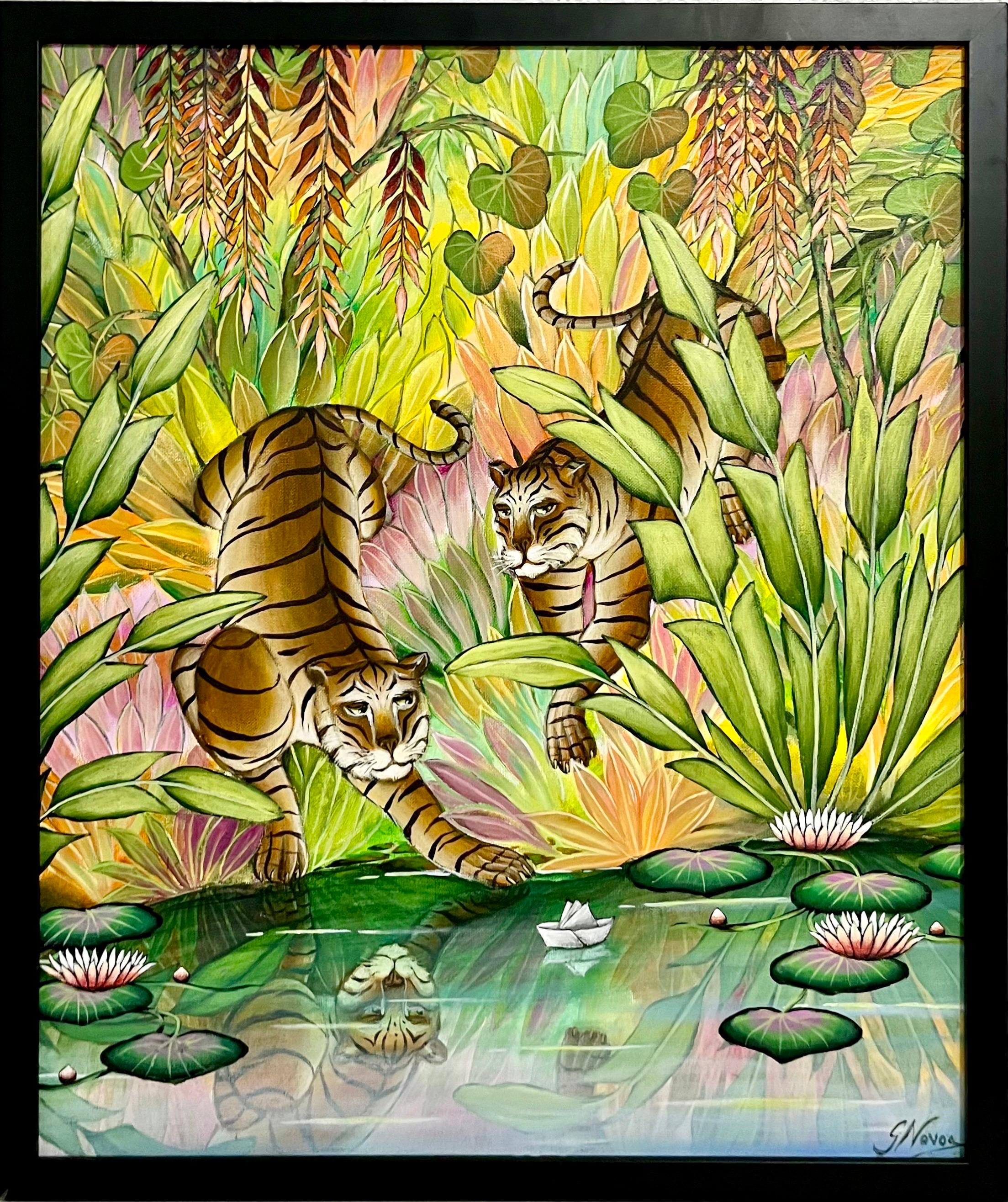 Original Painting tigers in jungle by river with reflection, tropical jungle setting. Titled "Paper Boat".
Hand signed recto and titled verso. 
Framed 25.5  X 21.5  Canvas is 24 X 20

Gustavo Novoa, Born 1941 in Santiago, Chile, He attended the