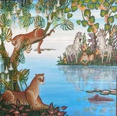 Tropical Jungle Paradise Painting Surrealist Art, Gustavo Novoa Animals, Flowers