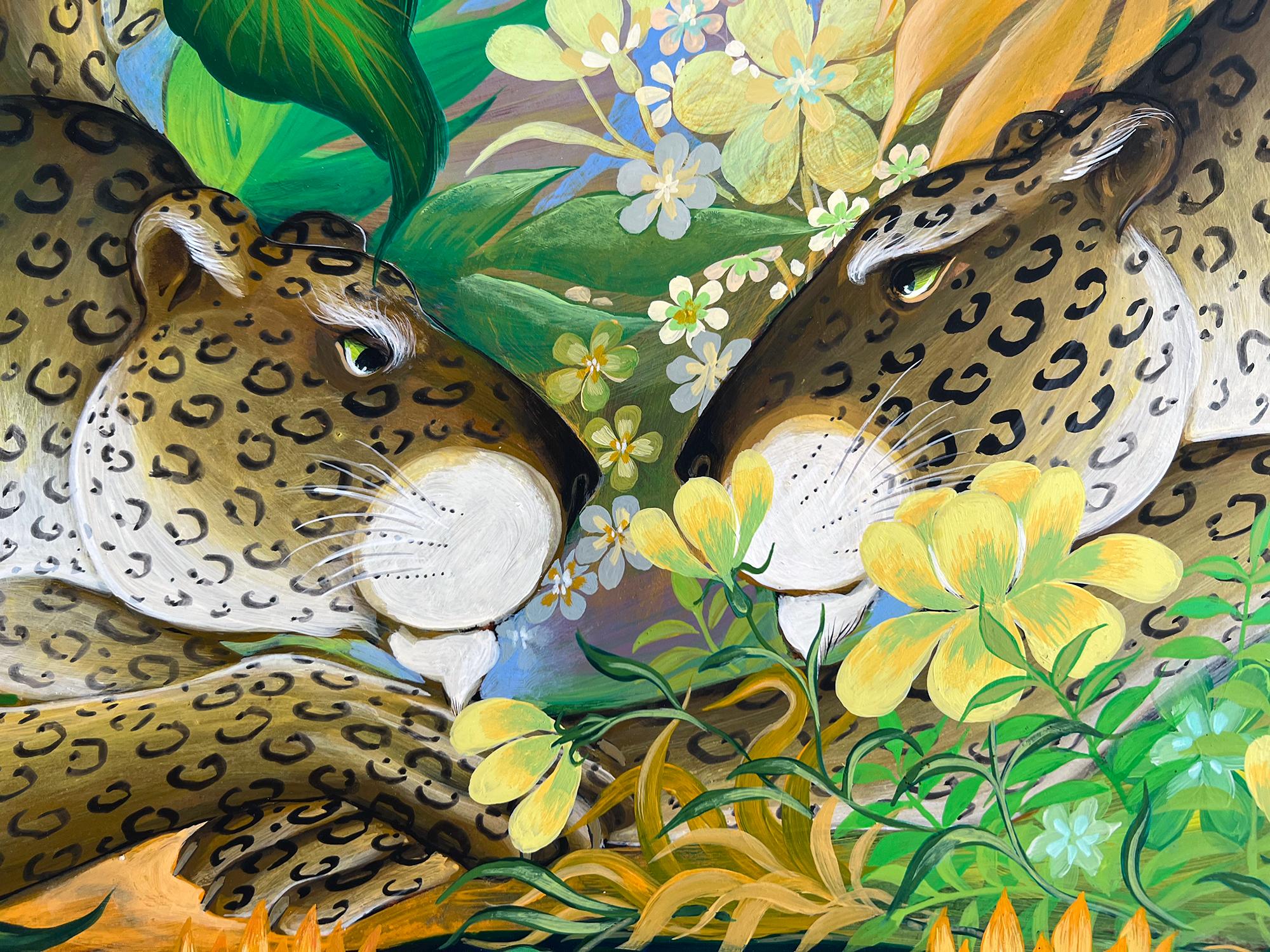 Deux léopards dans un bassin de réflexion  dans un jardin tropical fantastique - Art naïf - Painting de Gustavo Novoa