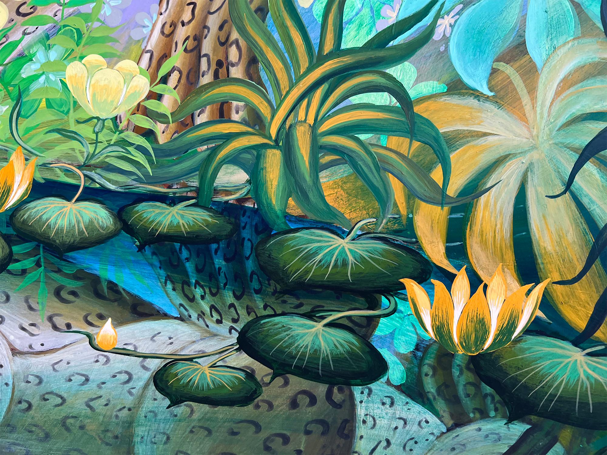 Deux léopards dans un bassin de réflexion  dans un jardin tropical fantastique - Art naïf - Outsider Art Painting par Gustavo Novoa