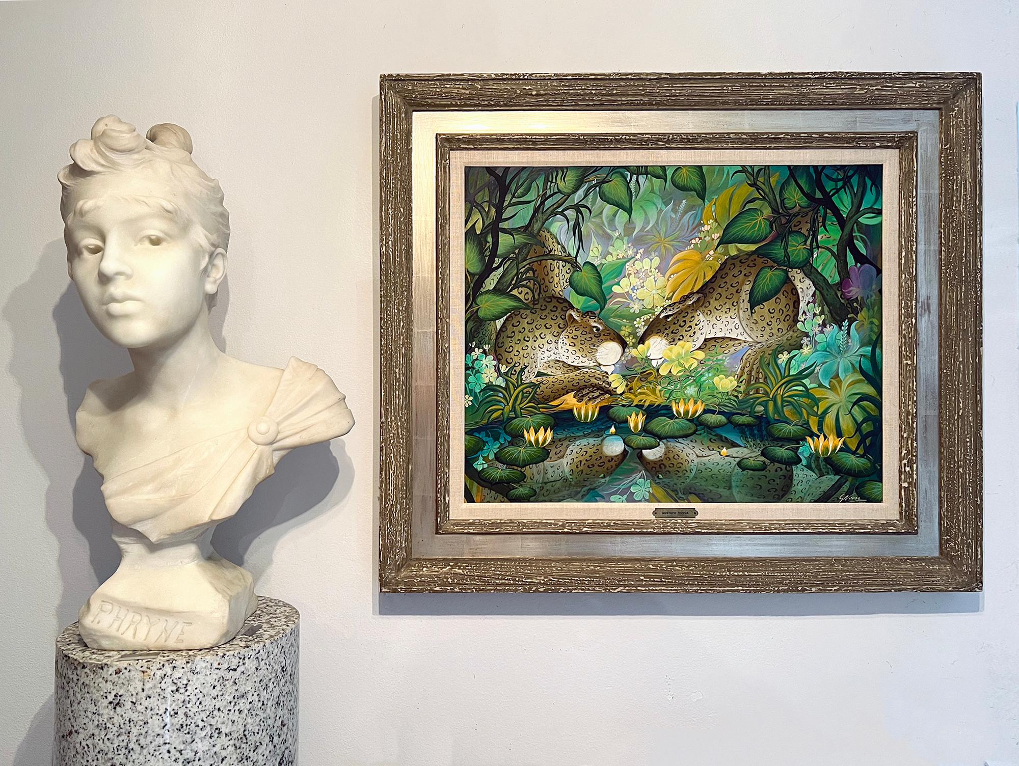 Deux léopards dans un bassin de réflexion  dans un jardin tropical fantastique - Art naïf en vente 4