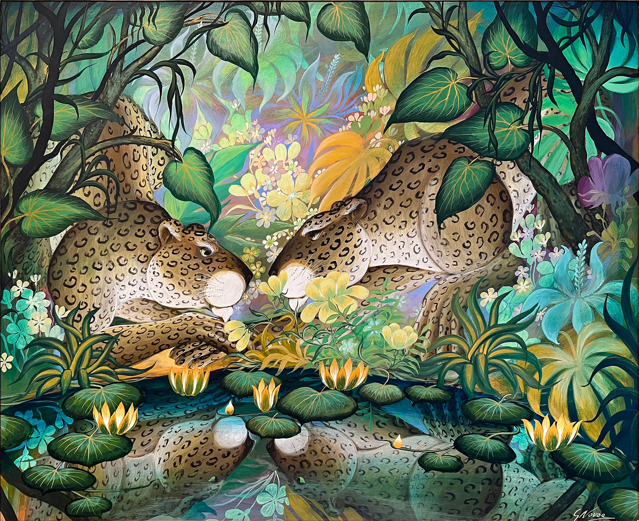 Deux léopards dans un bassin de réflexion  dans un jardin tropical fantastique - Art naïf en vente 5