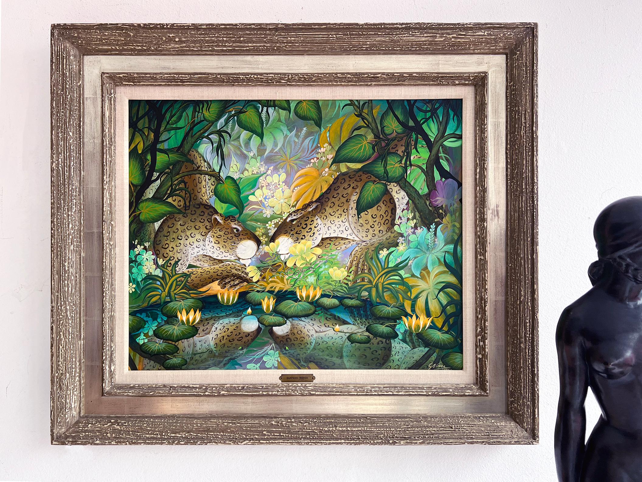 Gustavo Novoa Landscape Painting - Two Leopards in Reflection Pool  in a Fantasy Tropical Garden Naive Art