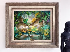 Two Leopards in Reflection Pool  in a Fantasy Tropical Garden Naive Art