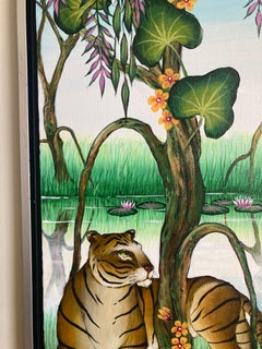 Dos tigres junto al agua, Acrílico sobre lienzo, 36x36, Arte firmado