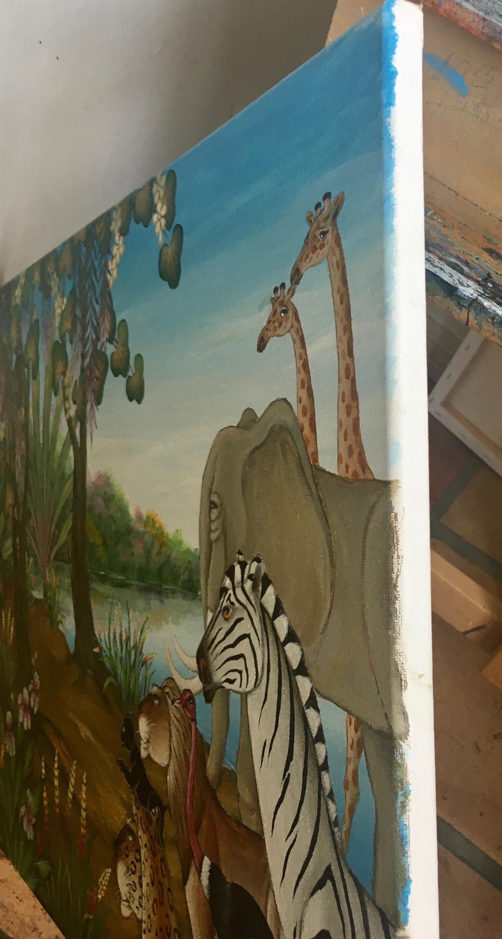 Original Painting Zebra Lion Tiger Elephant Flowers Jungle Painting setting. Titled 