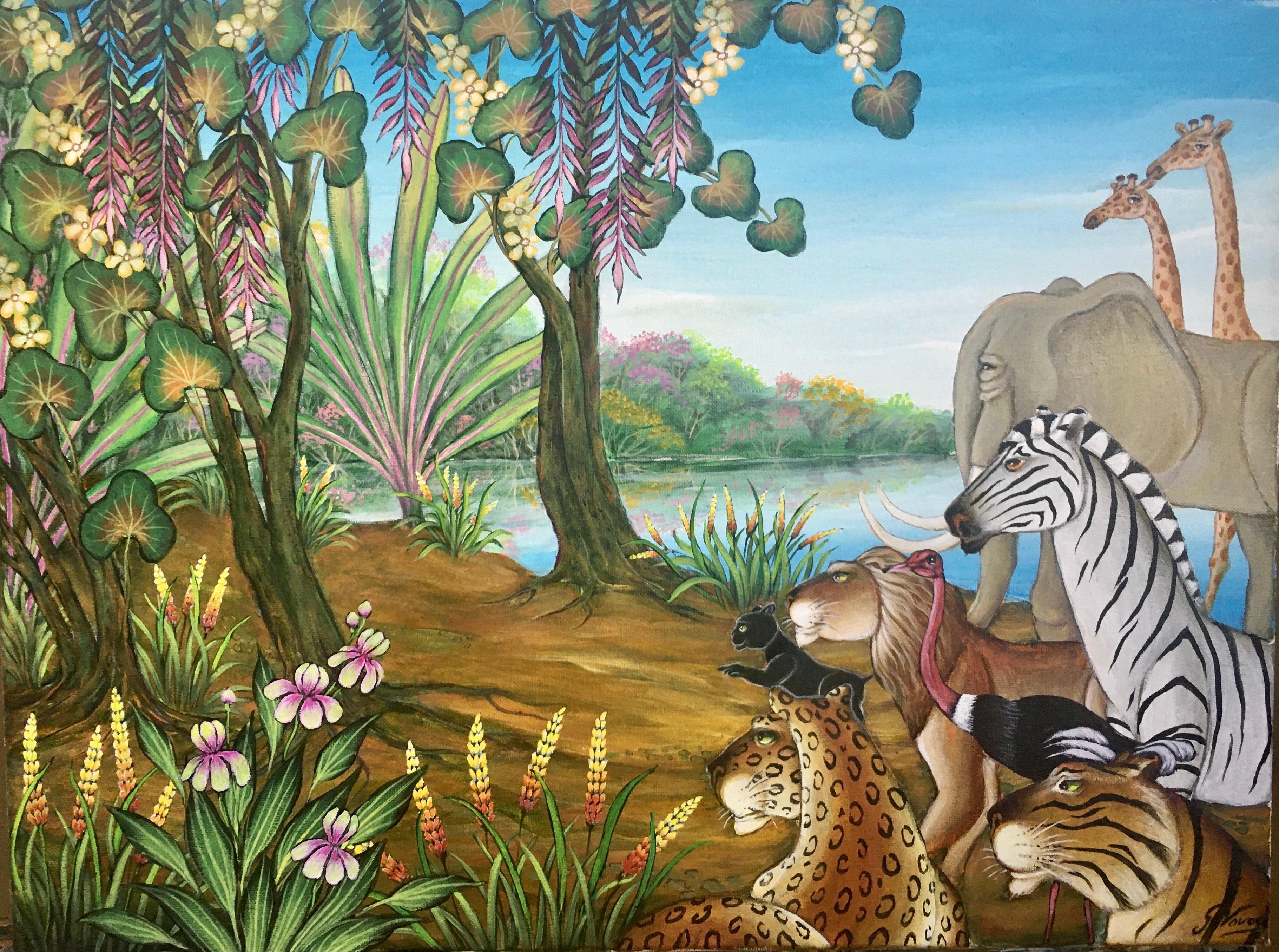 Original Painting Zebra Lion Tiger Elephant Flowers Jungle Painting setting. Titled "The Promising Venue".

Gustavo Novoa, Born 1941 in Santiago, Chile, He attended the Academy of Fine Arts. Novoa made his debut as an artist in the early 1960¹s