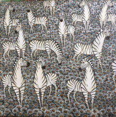 Zebras und Zierschalen, Blumenfeld Dschungel Gemälde Surrealistische Kunst, Gustavo Novoa