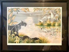 Tropical Jungle Lithograph Gustavo Novoa Black Panthers, Zebras