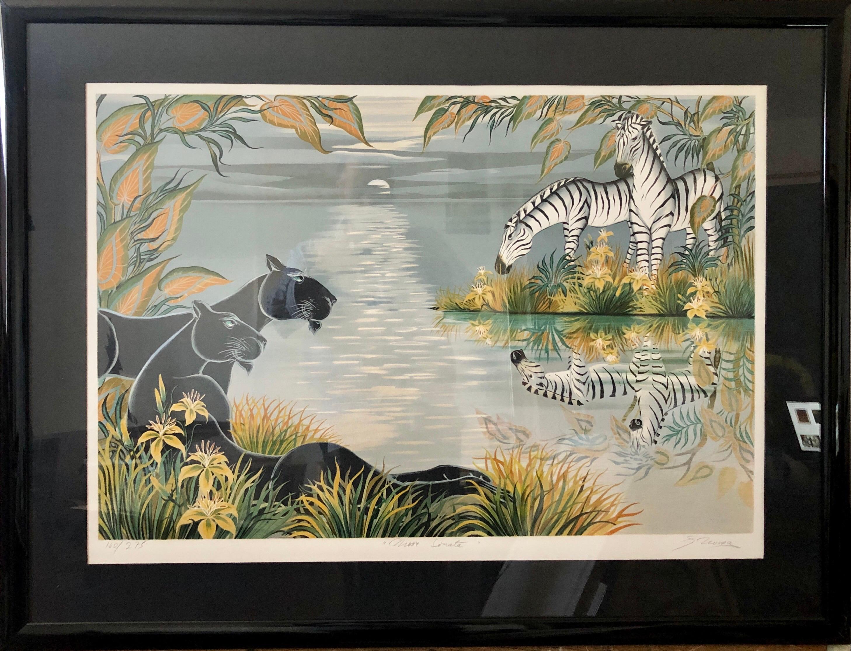 Tropical Jungle Lithograph Gustavo Novoa Black Panthers, Zebras 5