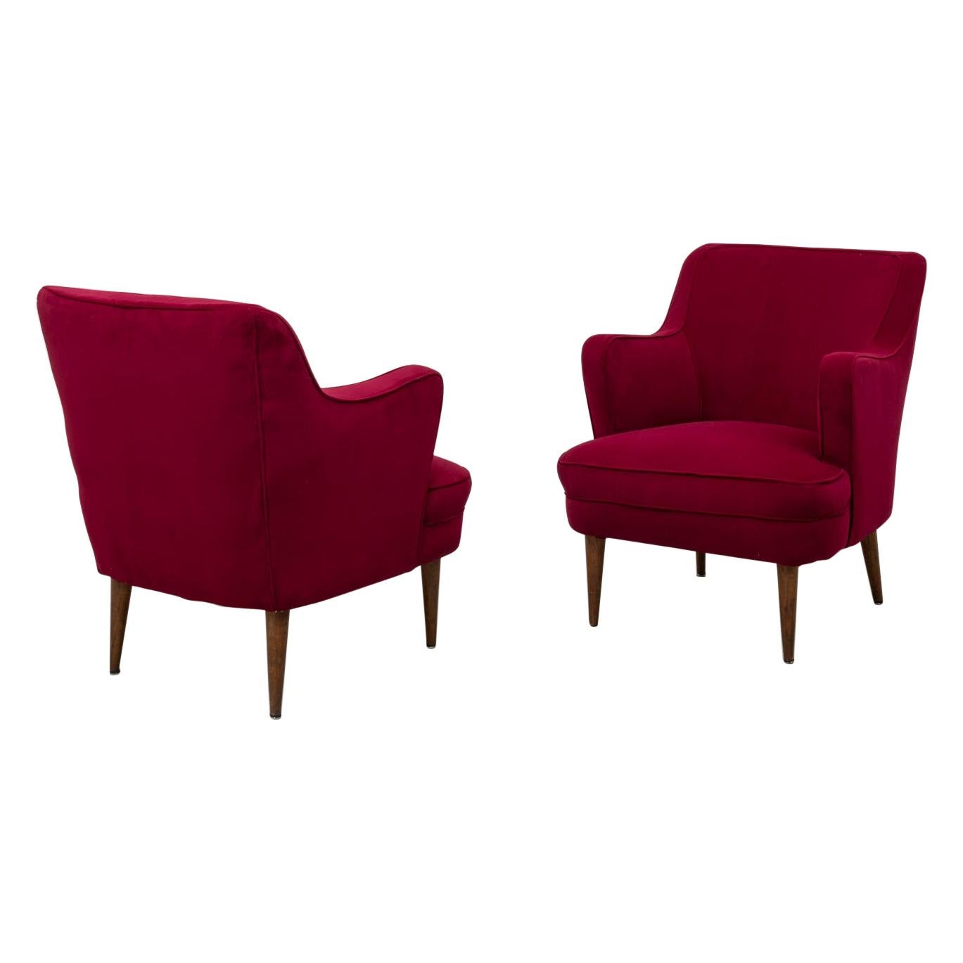 Gustavo Putlitzer Finali Pair of Crimson Velvet Midcentury Armchairs for Cassina For Sale