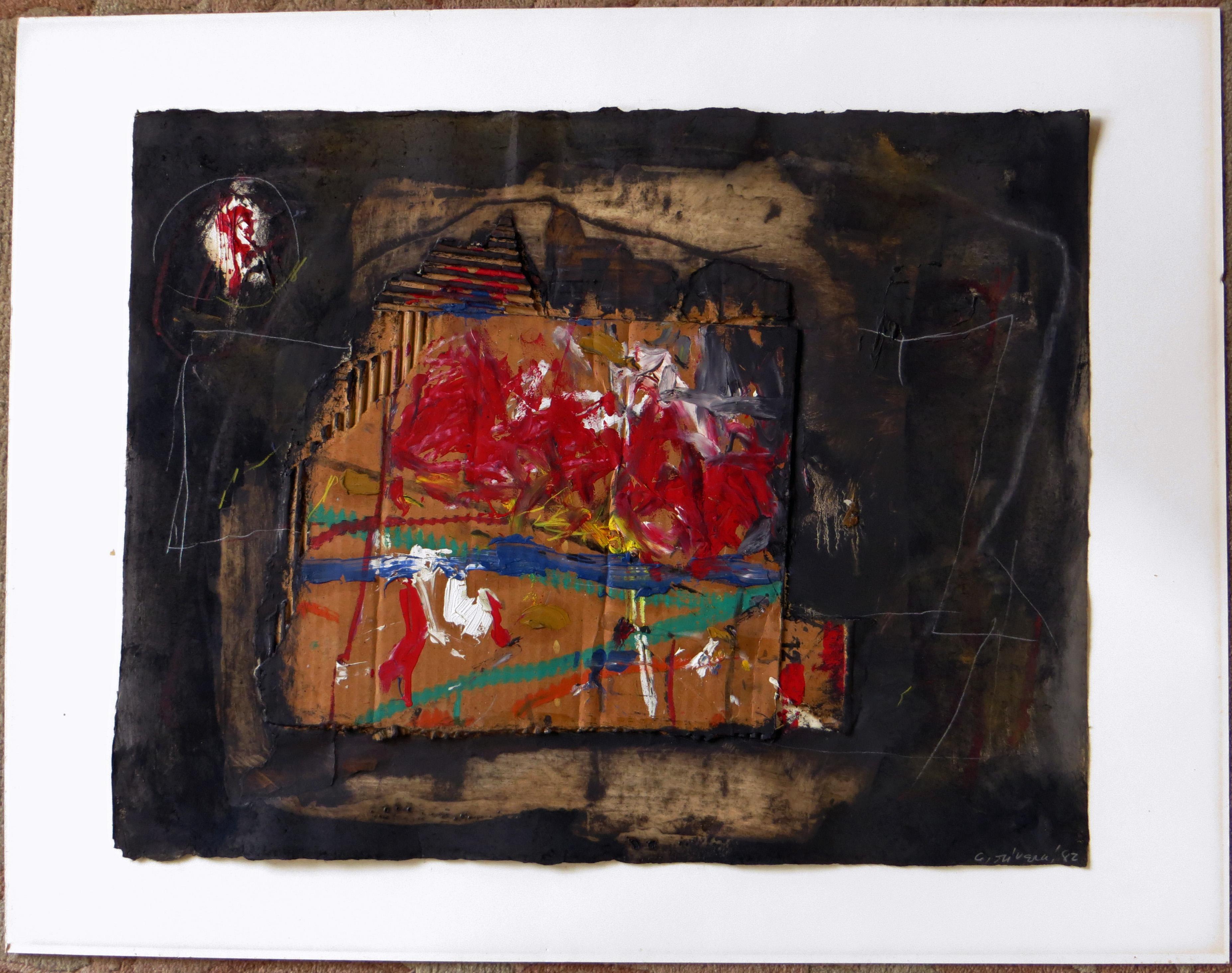 This vibrant abstract work is by Gustavo Ramos Rivera (1940-) The work is a mixed media composition on paper.  It measures 20.5 x 26.5 inches. It is mounted on heavy matboard that measures 26 x 33 inches. There are various techniques and materials