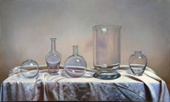 Five Vases, Photorealist Oil Painting on Canvas by Gustavo Schmidt