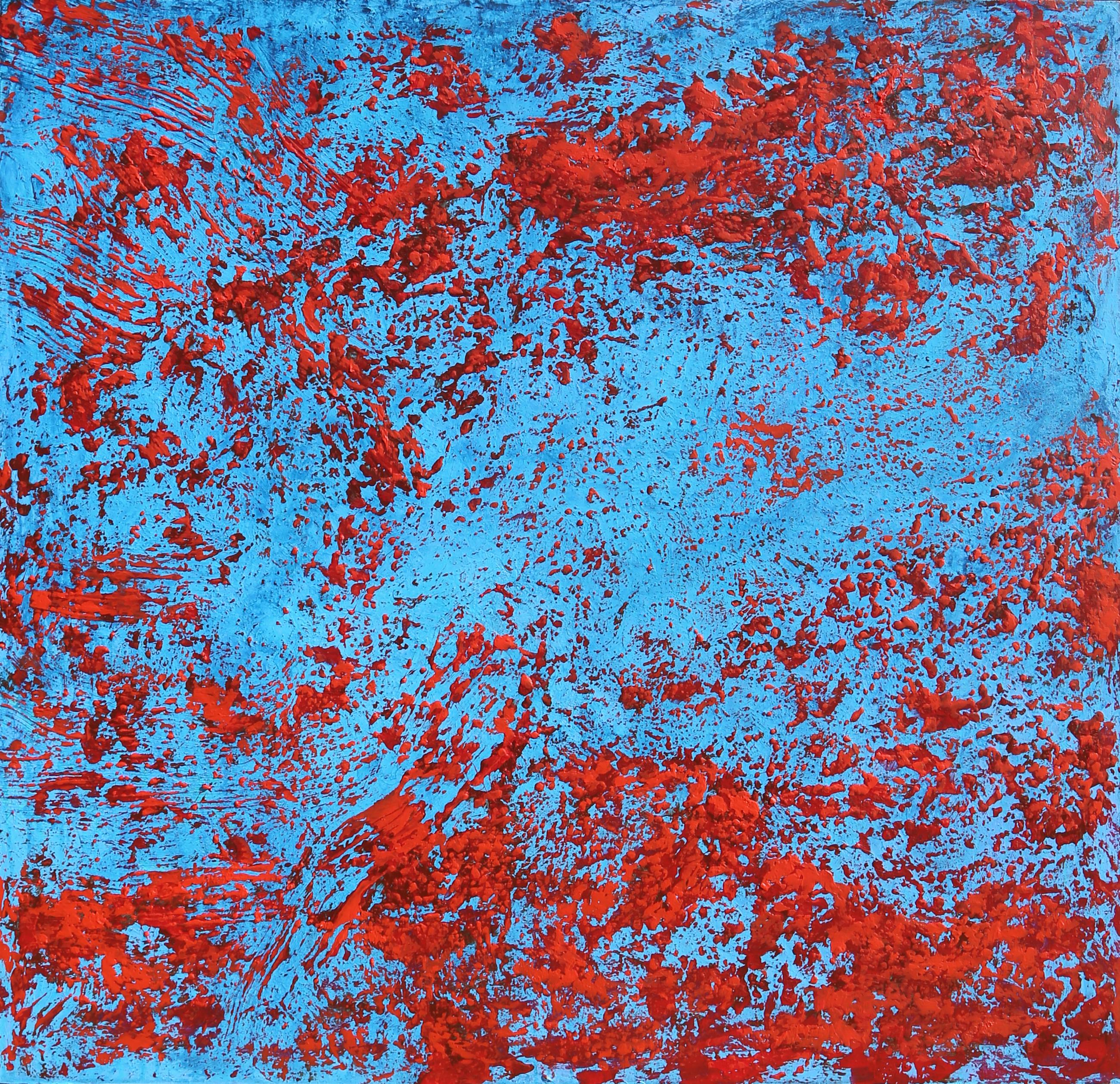 A bold Abstract painting by Chilean-born artist Gustavo Schmidt. The red colors seem to jump off the blue background in this oil painting. 

Artist: Gustavo Schmidt, Chile (1963 -  )
Title: Blue and Red Abstract
Year: circa 2020
Medium: Oil on