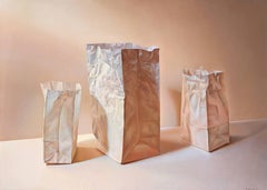 Tres Bolsas de Papel en Diagonal, peinture à l'huile photoréaliste de Gustavo Schmidt