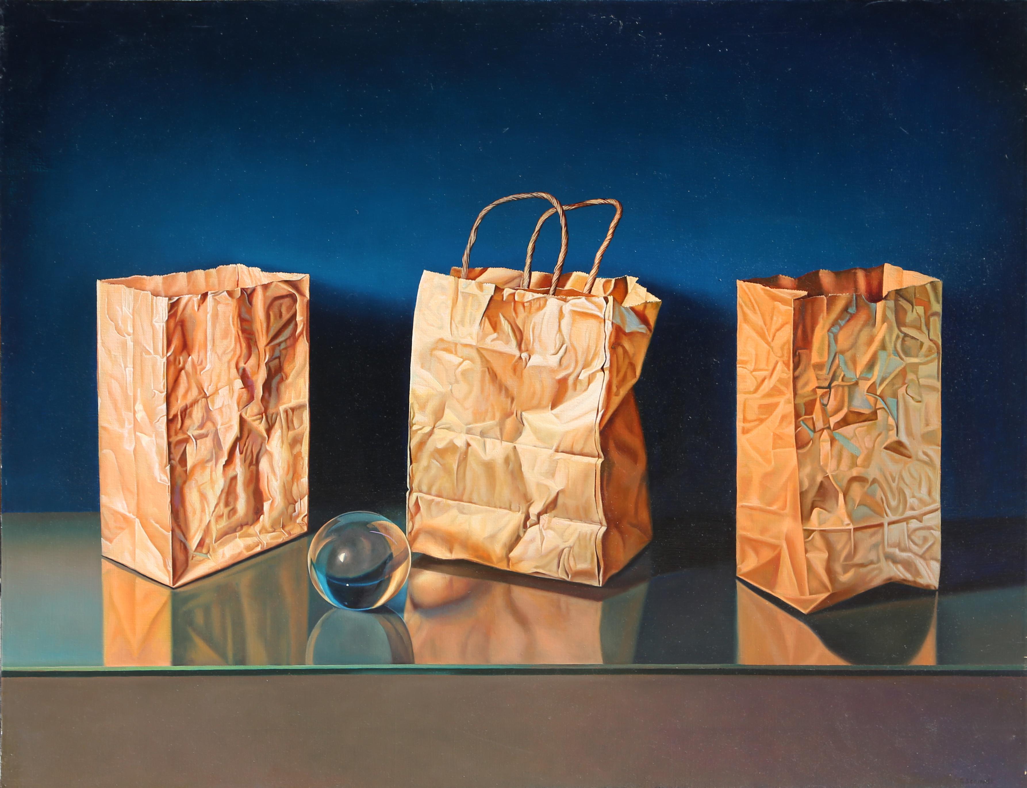 A Photorealist Still Life painting of three paper bags and a glass sphere on a table by Chilean-born artist Gustavo Schmidt.

Tres Bolsas y Esfera de cristal
Gustavo Schmidt, Chilean/American (1963-)
Date: 2006
Oil on Canvas, signed and dated lower