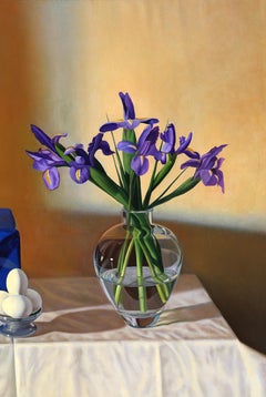 Wrapped Package and Irises, Photorealist Oil Painting by Gustavo Schmidt