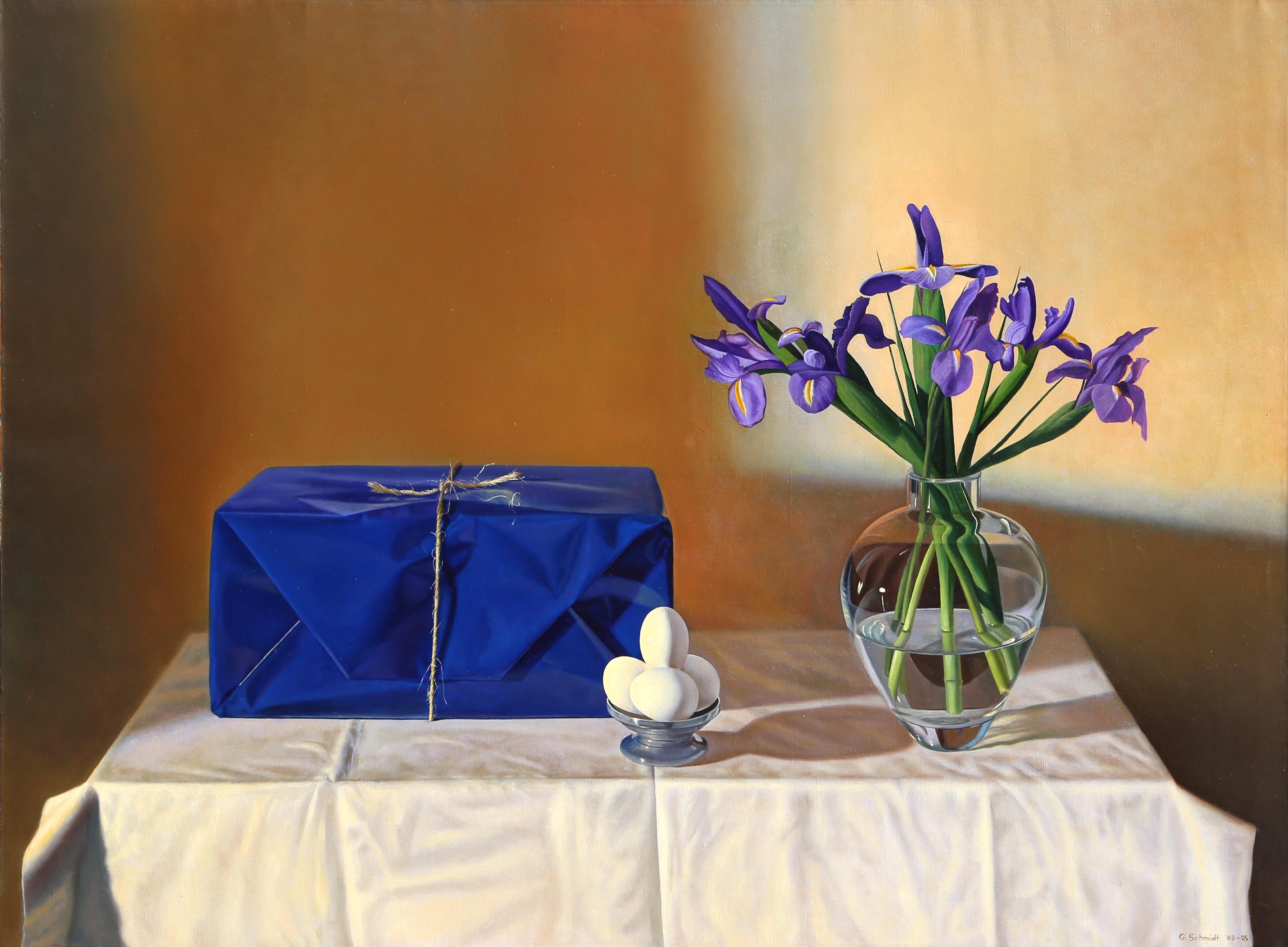 Gustavo Schmidt Still-Life Painting - Wrapped Package and Irises