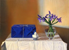 Wrapped Package and Irises, Photorealist Oil Painting by Gustavo Schmidt