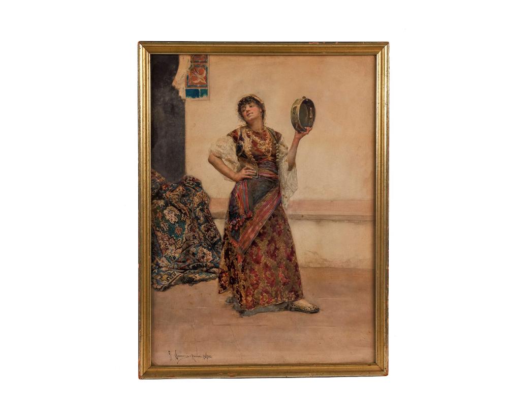 Gustavo Simoni (Italian, 1845-1926) A Watercolor of An “Orientalist Dancer” Signed and dated G. Simoni, Roma 1890. Watercolor on paperboard. Gustavo Simoni (5 November 1845, in Rome – 10 May 1926, in Palestrina) was an Italian painter, watercolorist