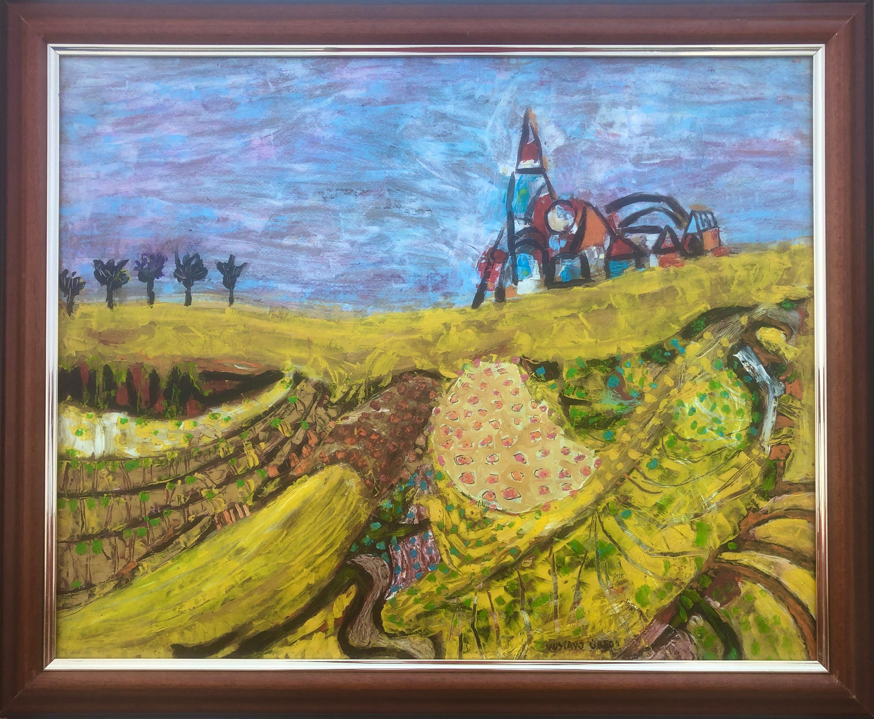 Expressionist landscape oil on board painting expressionism Ubeda - Painting by Gustavo Ubeda