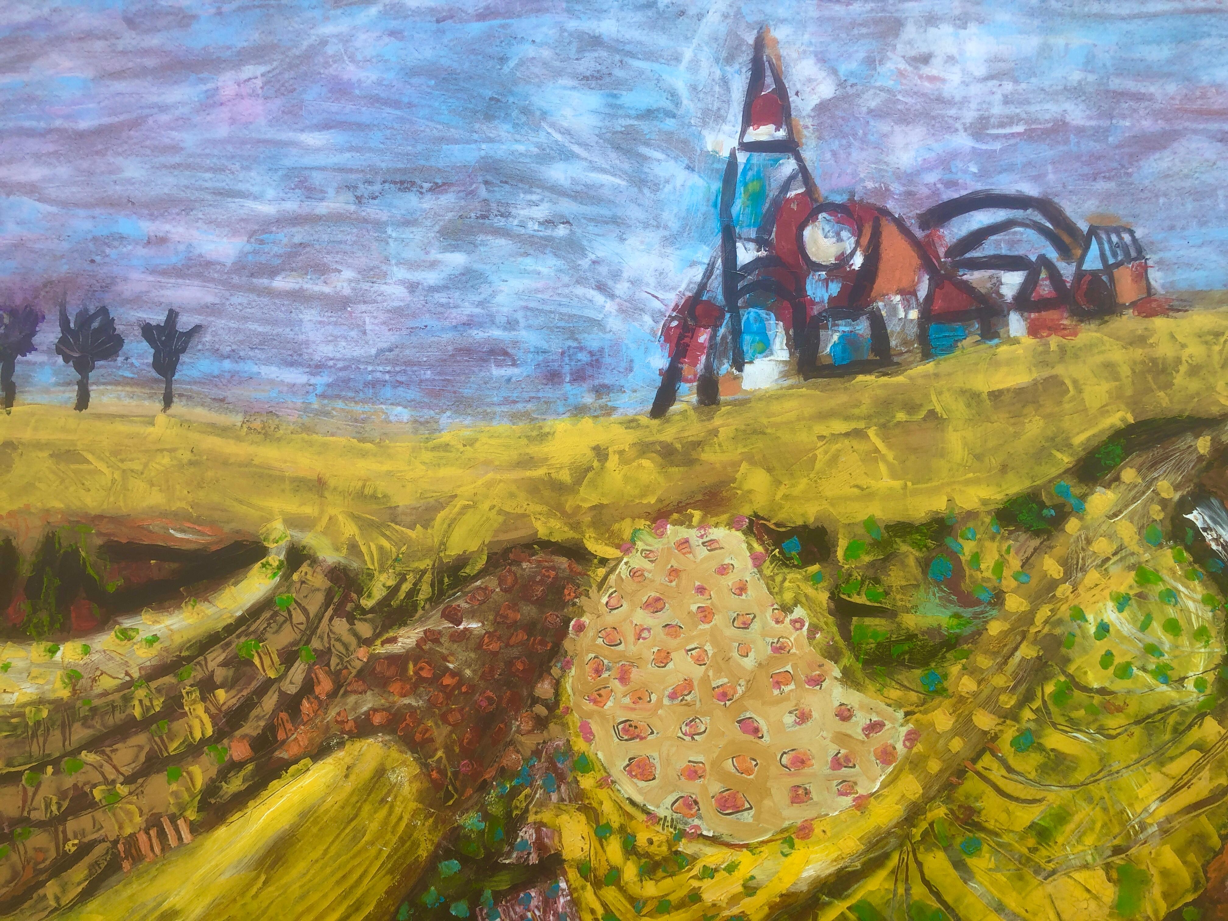 Expressionist landscape oil on board painting expressionism Ubeda For Sale 2
