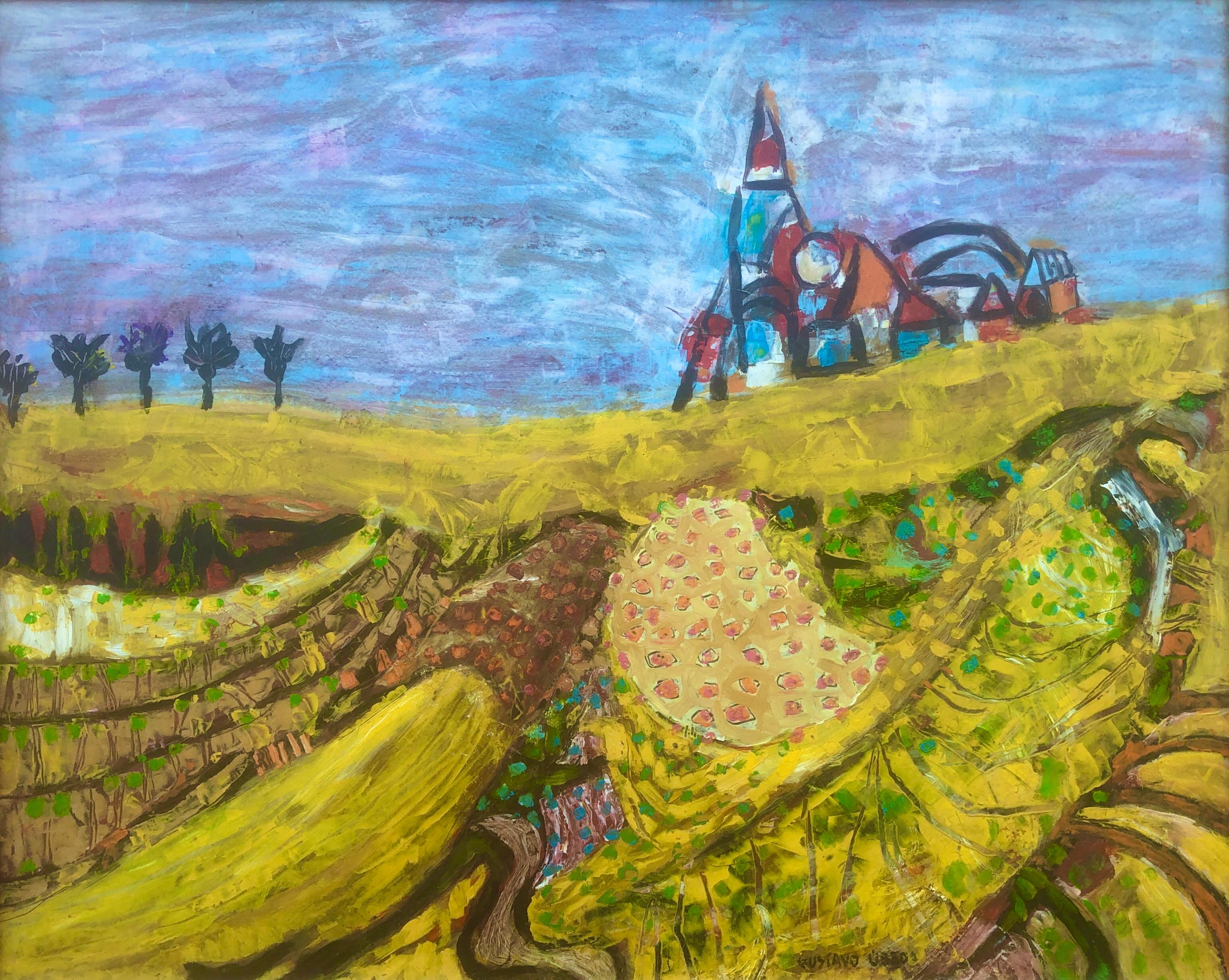 Gustavo Ubeda Landscape Painting - Expressionist landscape oil on board painting expressionism Ubeda