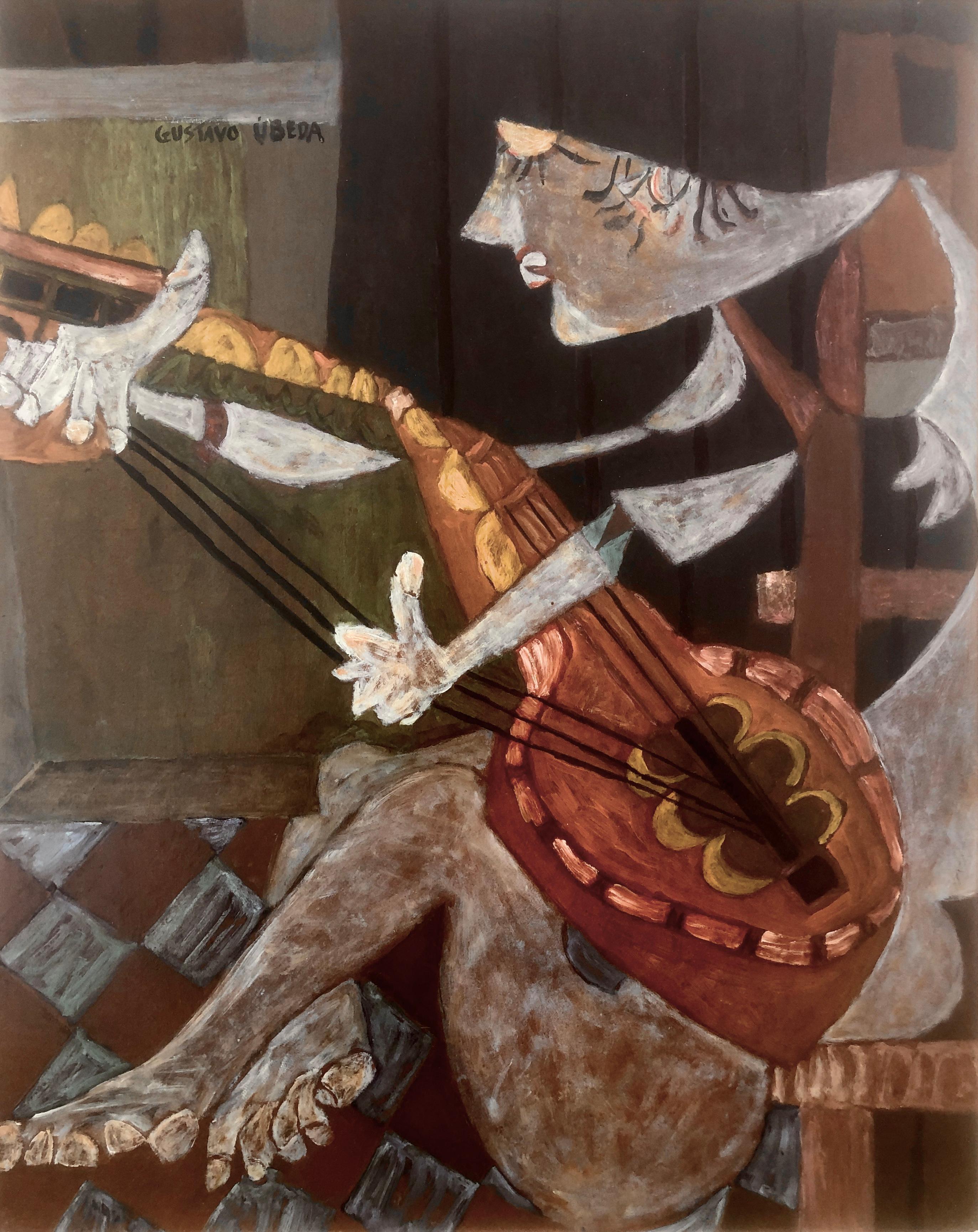 Gustavo Ubeda Portrait Painting – Französische kubistische Figur, Öl auf Karton, Gemälde, Kubismus Picasso Ubeda, Picasso, Picasso