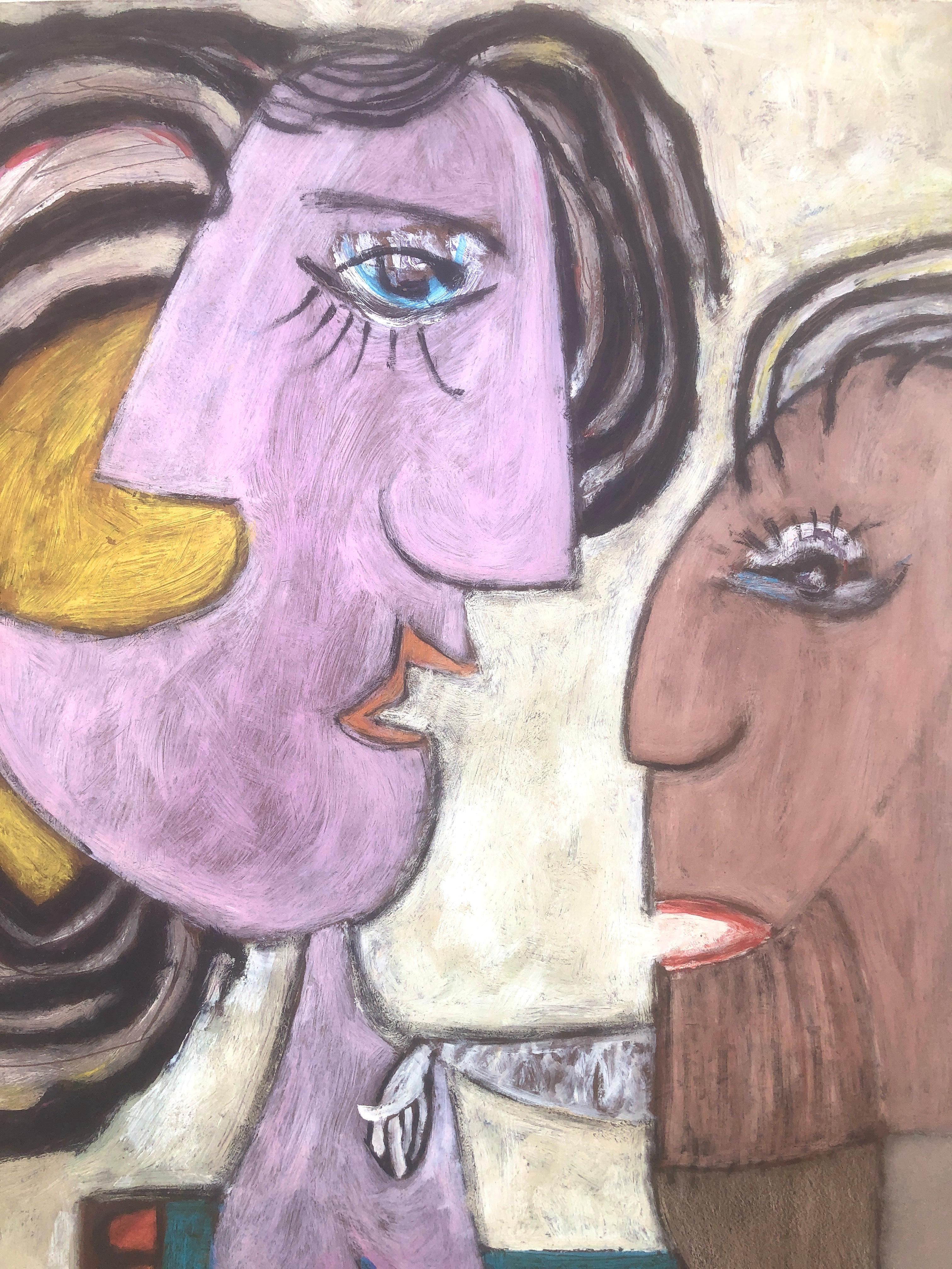 Scena surreale picassiana olio su tavola pittura surrealismo Picasso Ubeda - Figurative Painting Grigio di Gustavo Ubeda