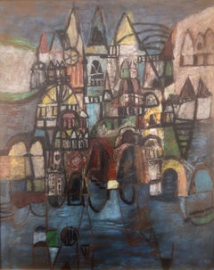 Vintage Rio de Janeiro acrylic on board painting geometric urbanscape Ubeda