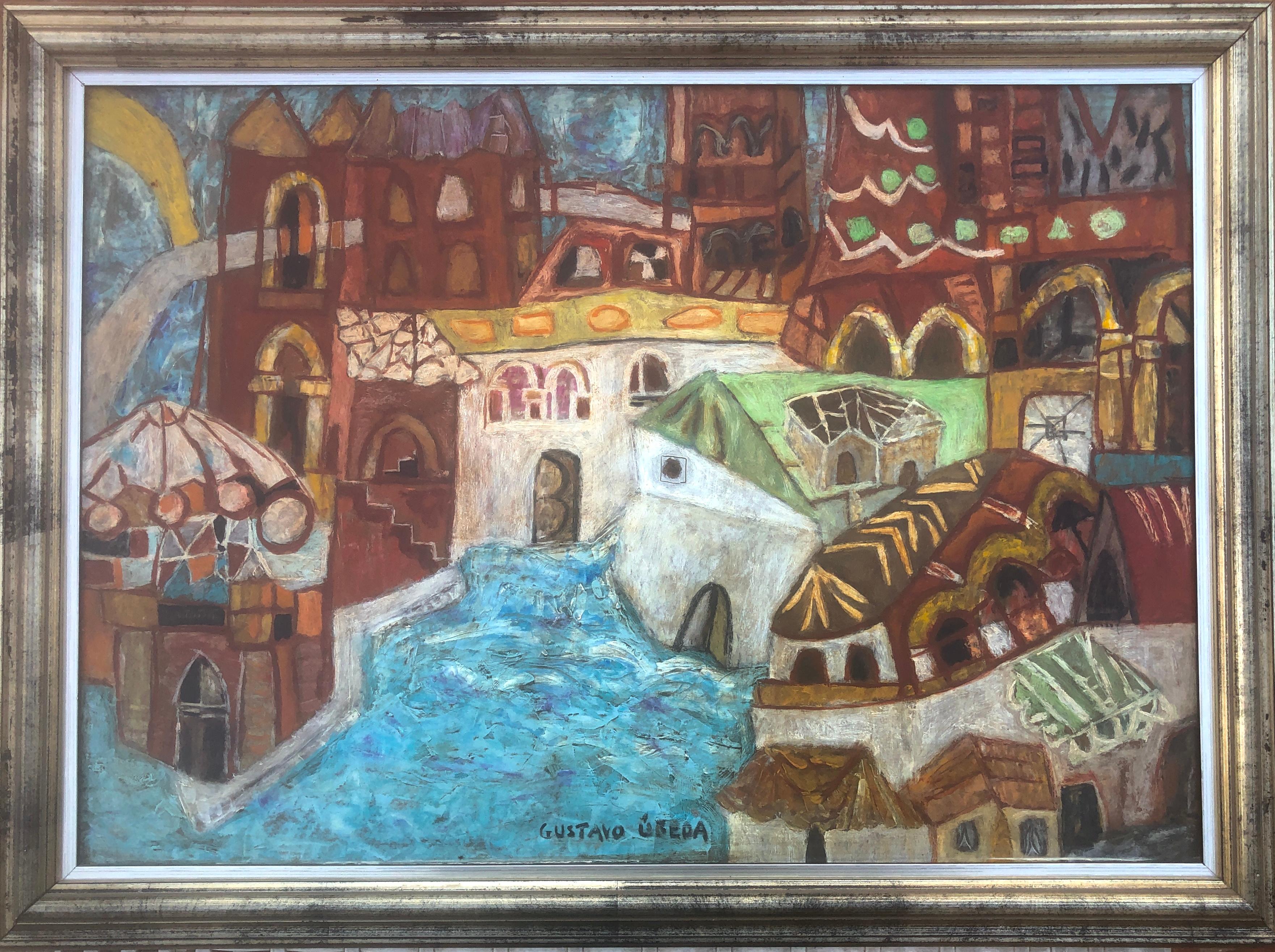 Rio de Janeiro oil on board painting cubist urbanscape Ubeda - Painting by Gustavo Ubeda