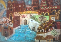 Vintage Rio de Janeiro oil on board painting cubist urbanscape Ubeda
