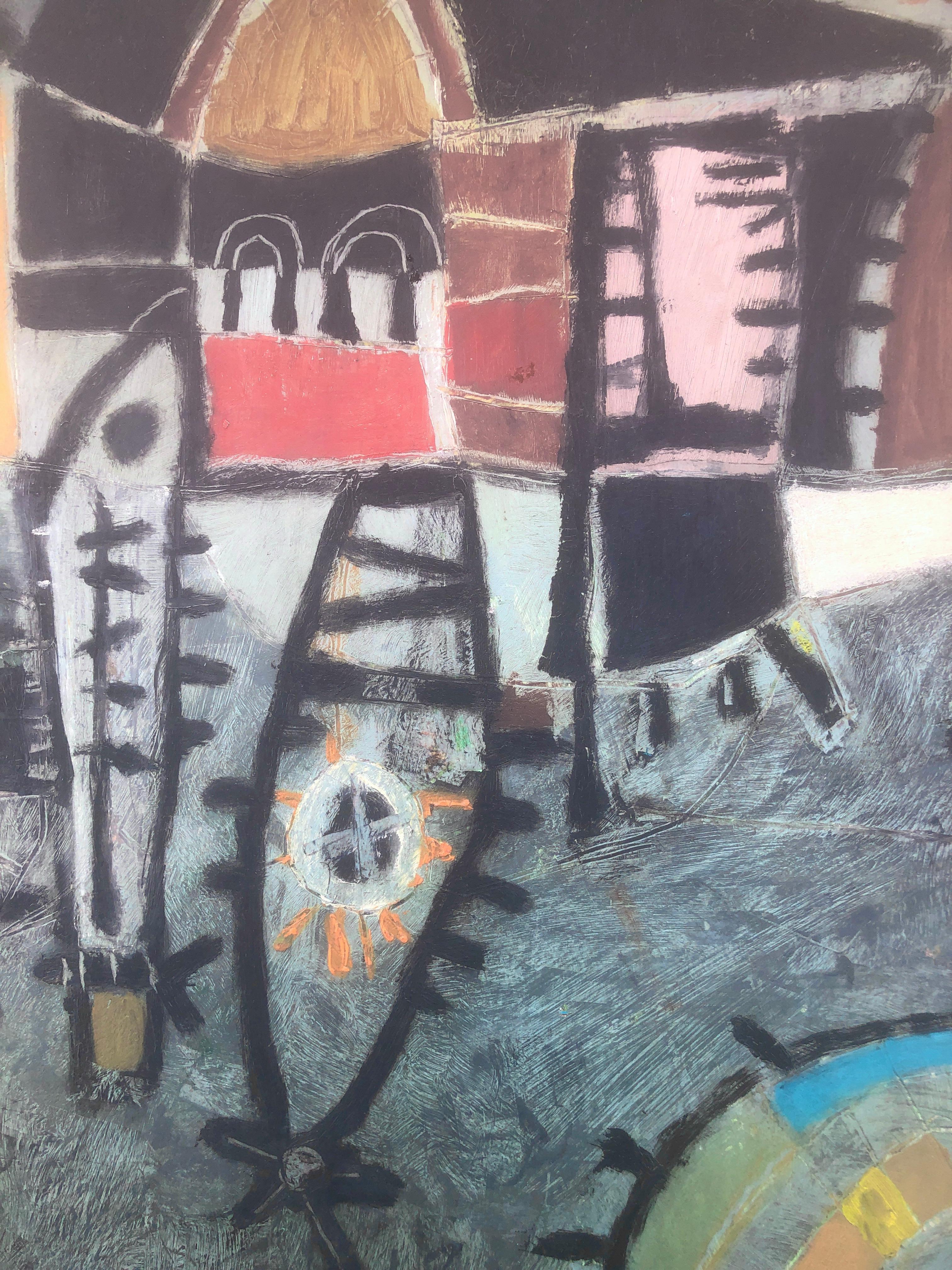 Scena surrealista Brasile acrilico su tavola pittura geometrica - Landscape Painting Grigio di Gustavo Ubeda