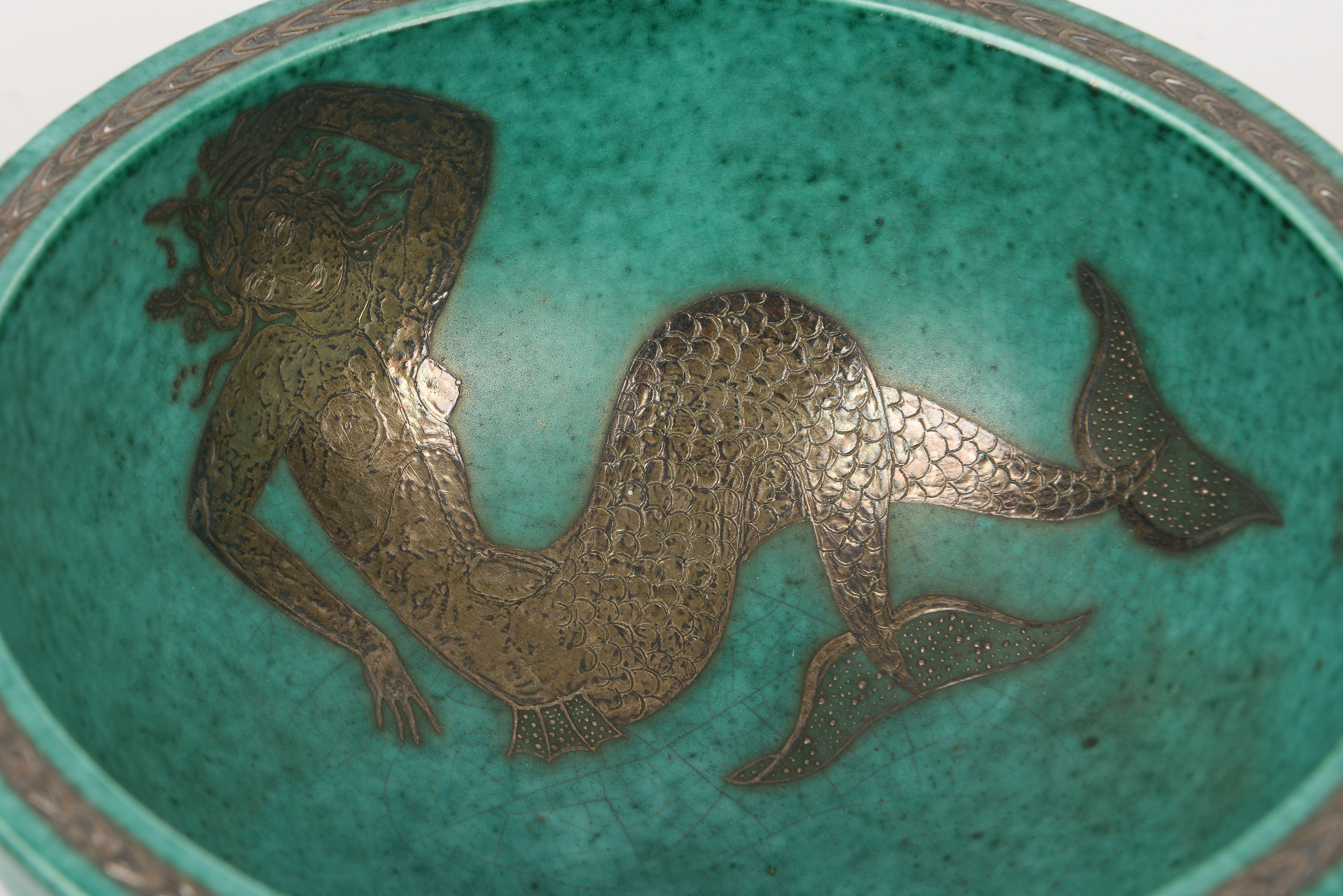 Gustavsberg Argenta Mermaid Bowl by Wilhelm Kage In Excellent Condition For Sale In New York, NY