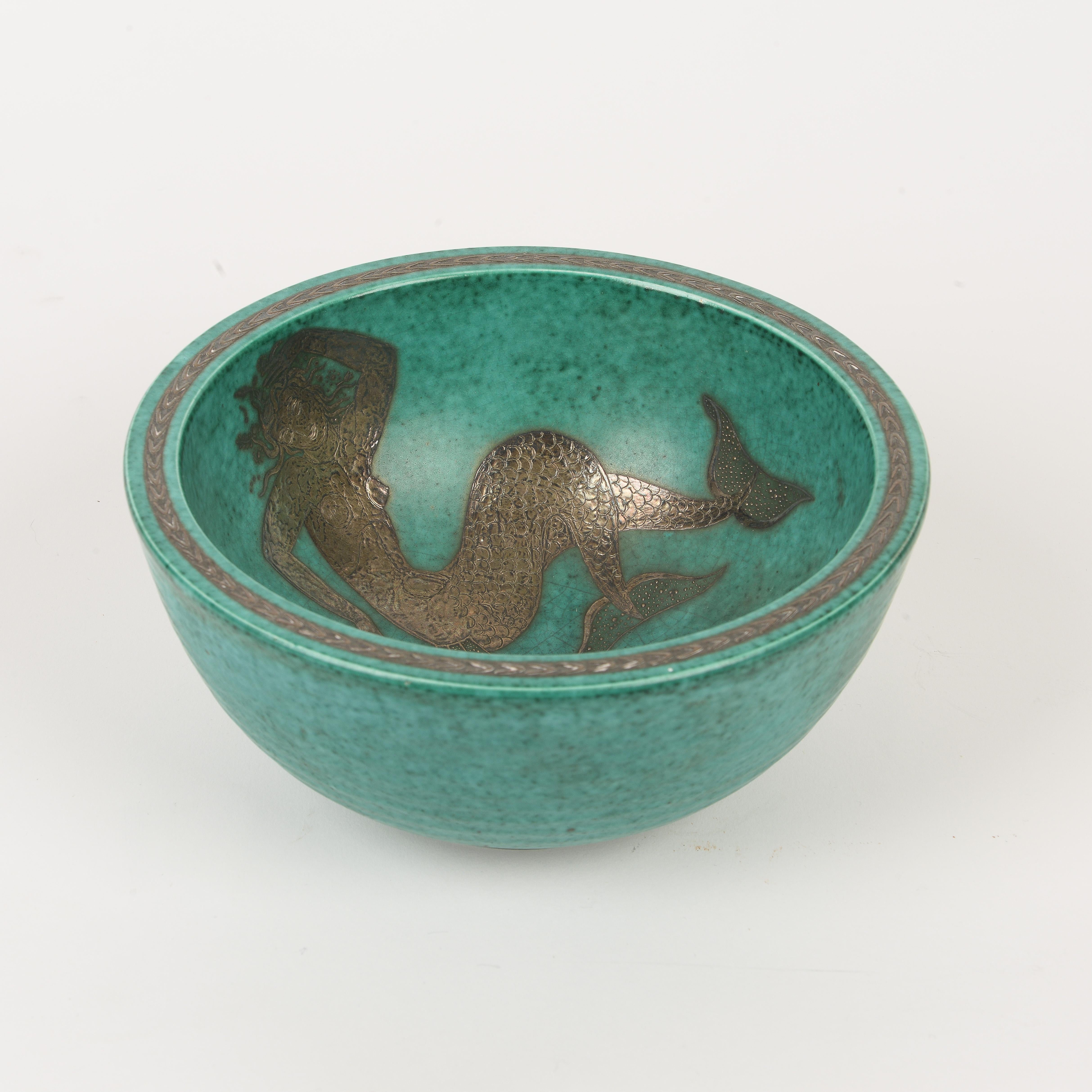 20th Century Gustavsberg Argenta Mermaid Bowl by Wilhelm Kage For Sale