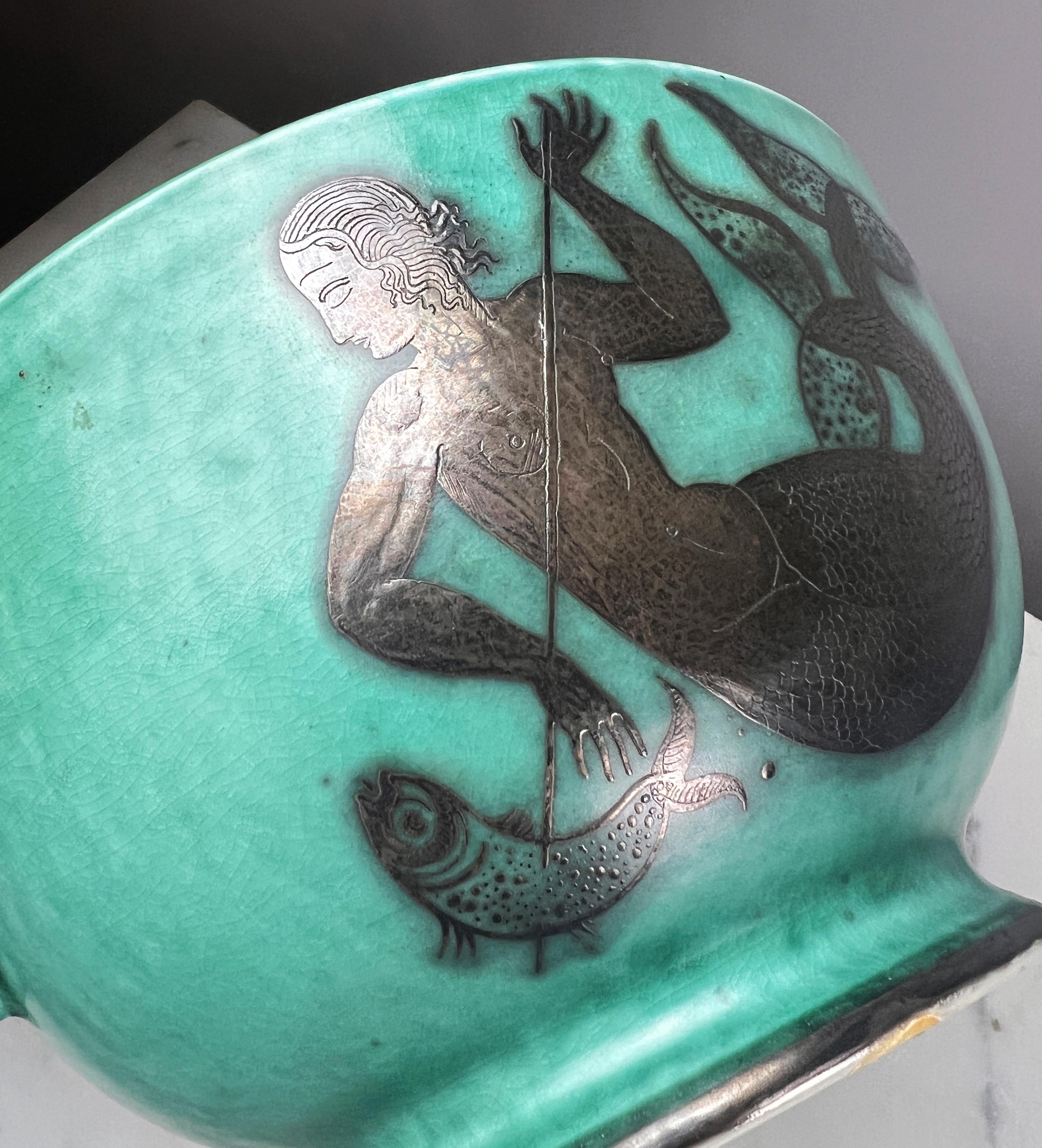 Art Deco Gustavsberg Argenta Mermaid Motif Bowl For Sale