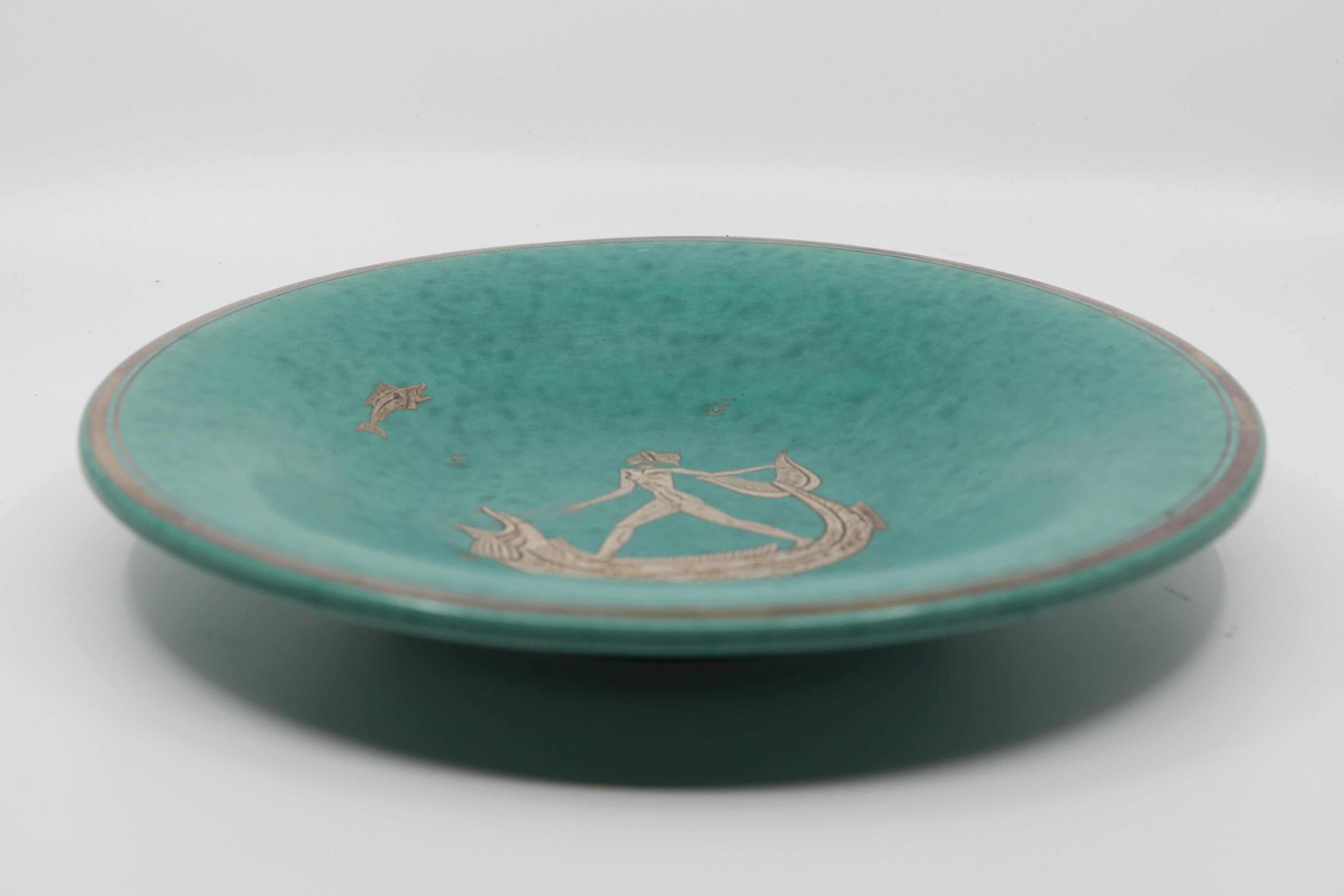 Glazed Gustavsberg Argenta Silver Overlay Charger “Goddess Riding a Sea Serpent”