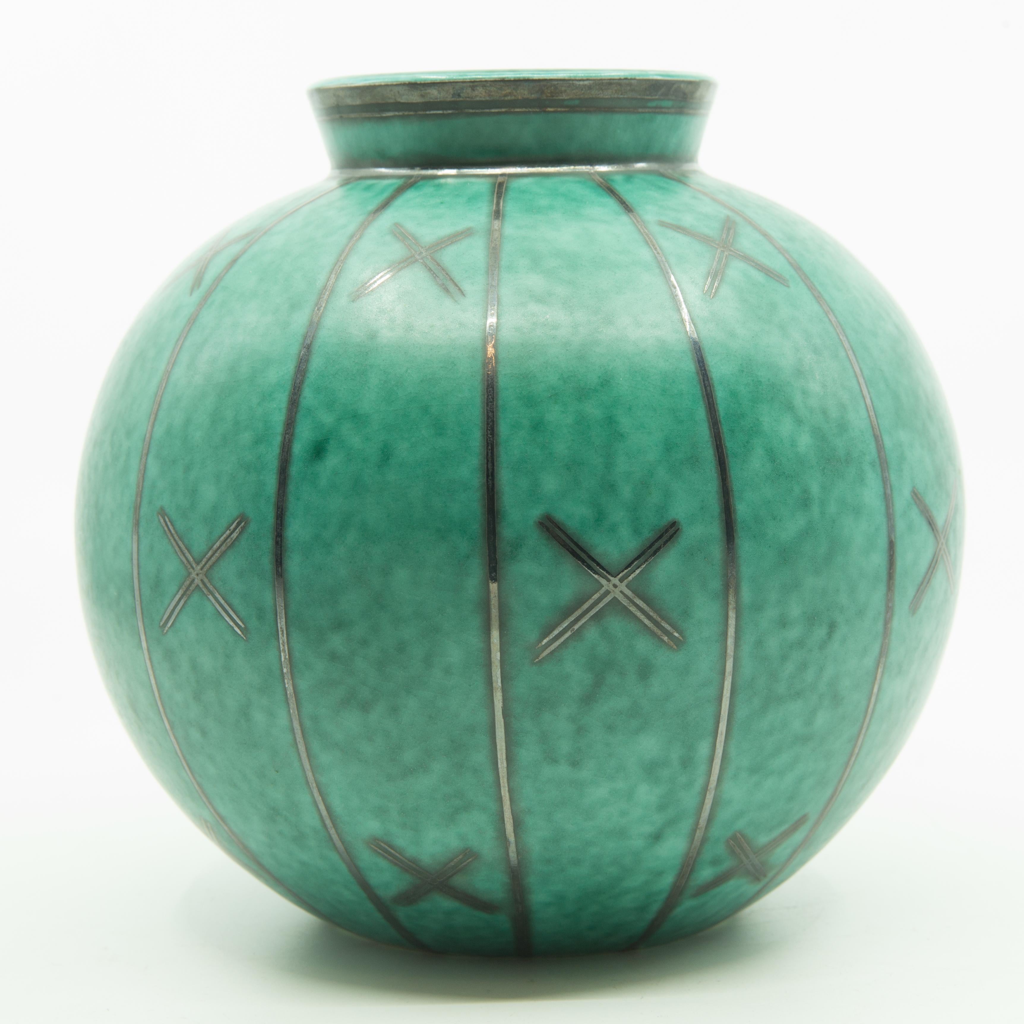 Glazed Gustavsberg Argenta Silver Overlay Geometric Design Vase