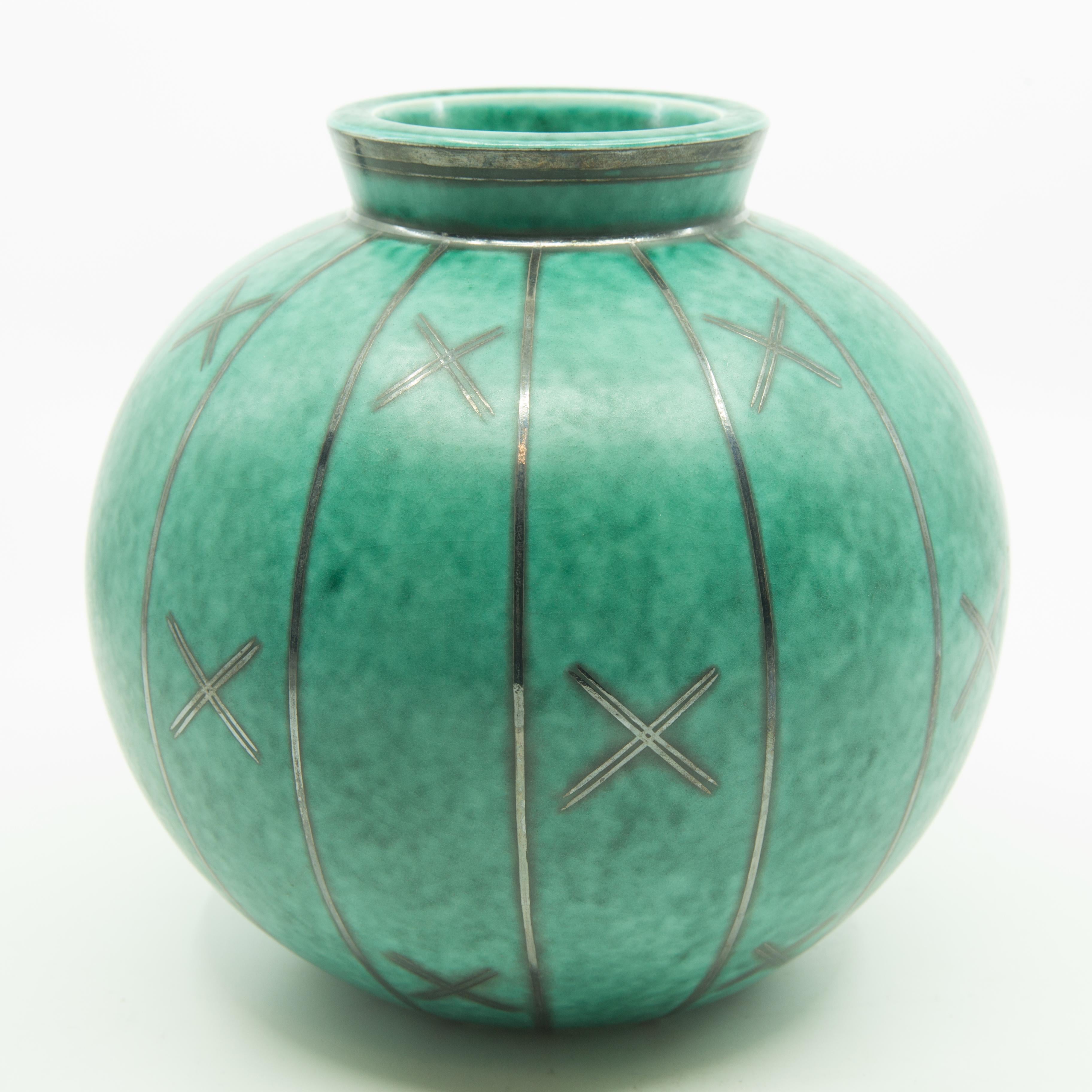 Gustavsberg Argenta Silver Overlay Geometric Design Vase In Good Condition In Hudson, NY