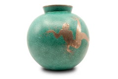 Gustavsberg Argenta Silver Overlay Mermaid Vase on Blue Green Ceramic Ground