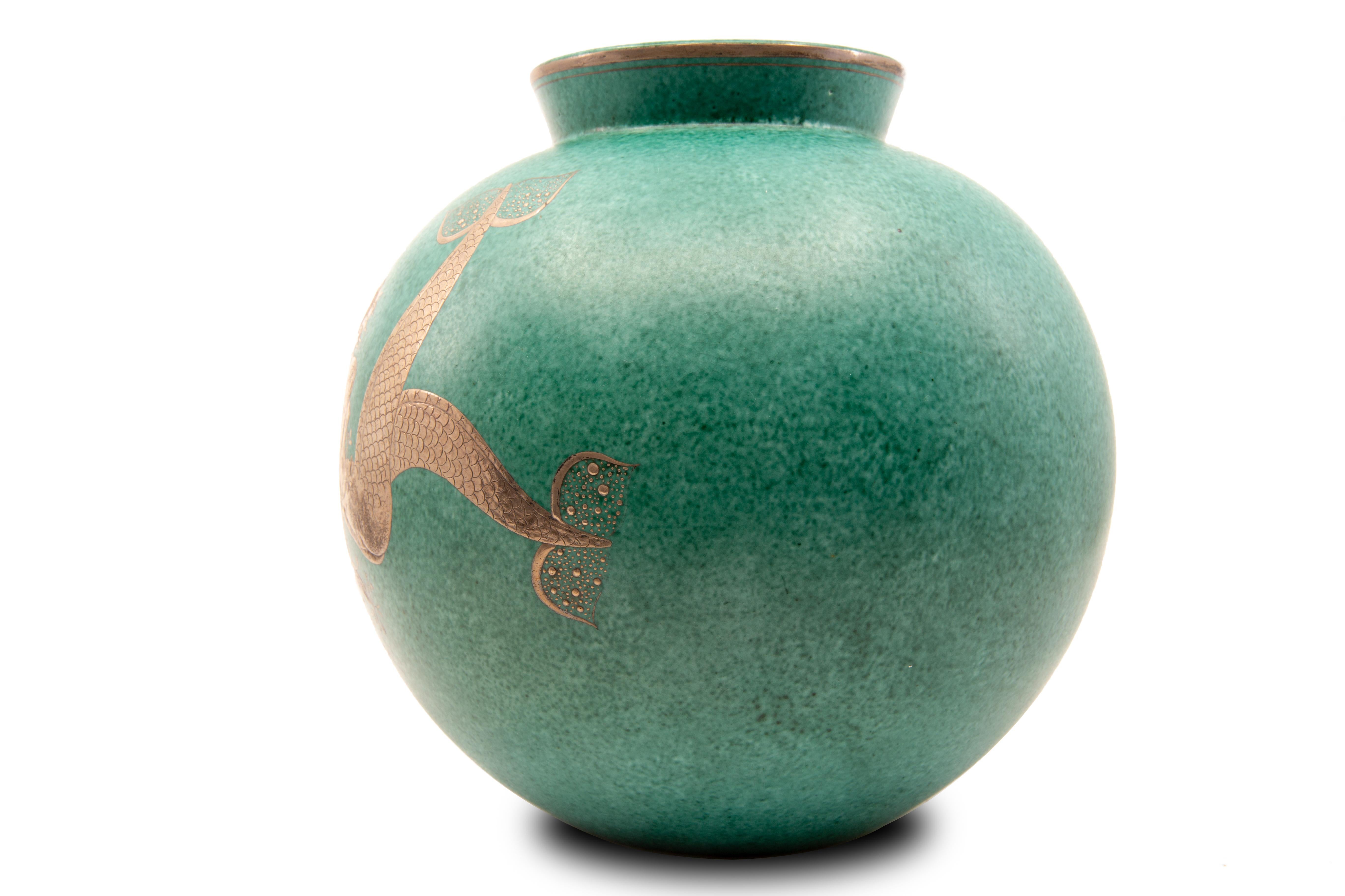 Glazed Gustavsberg Argenta Silver Overlay Mermaid Vase on Blue Green Ceramic Ground