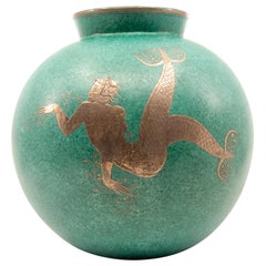 Vintage Gustavsberg Argenta Silver Overlay Mermaid Vase on Blue Green Ceramic Ground