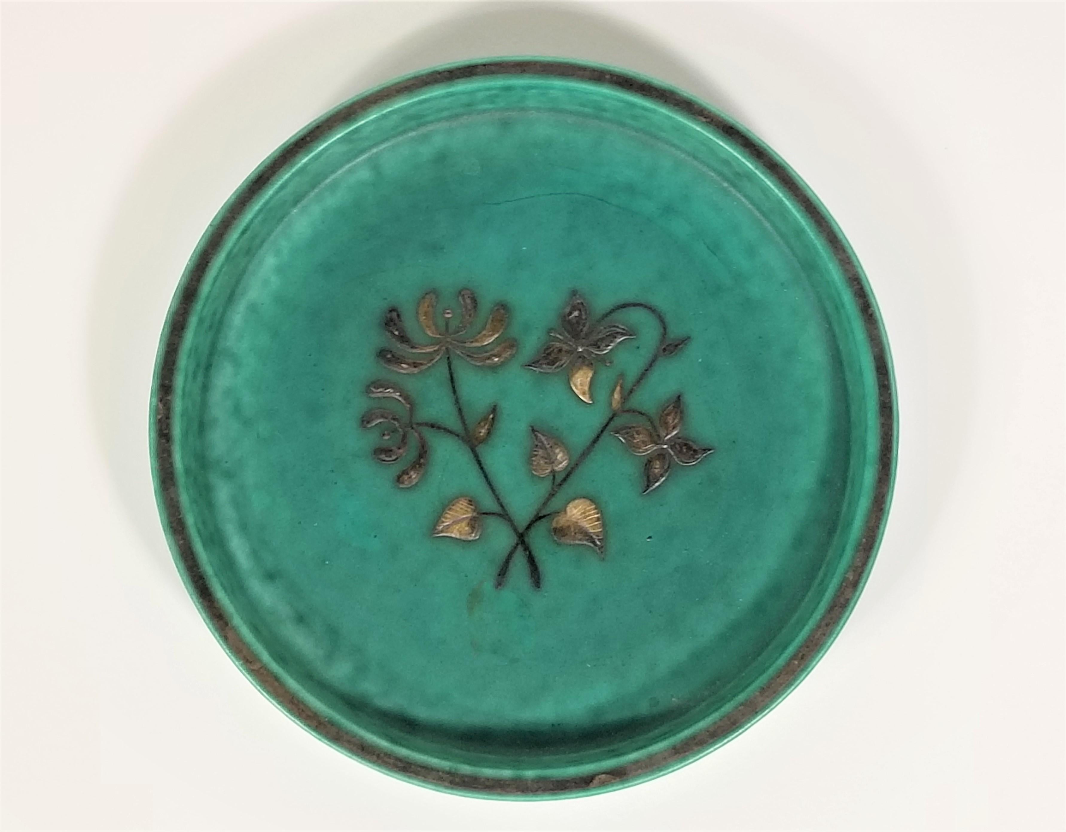 1930s Art Deco Gustavsberg Argenta Sweden by Wilhelm Kage. Ceramic Dish with Sterling Silver Overlay. 